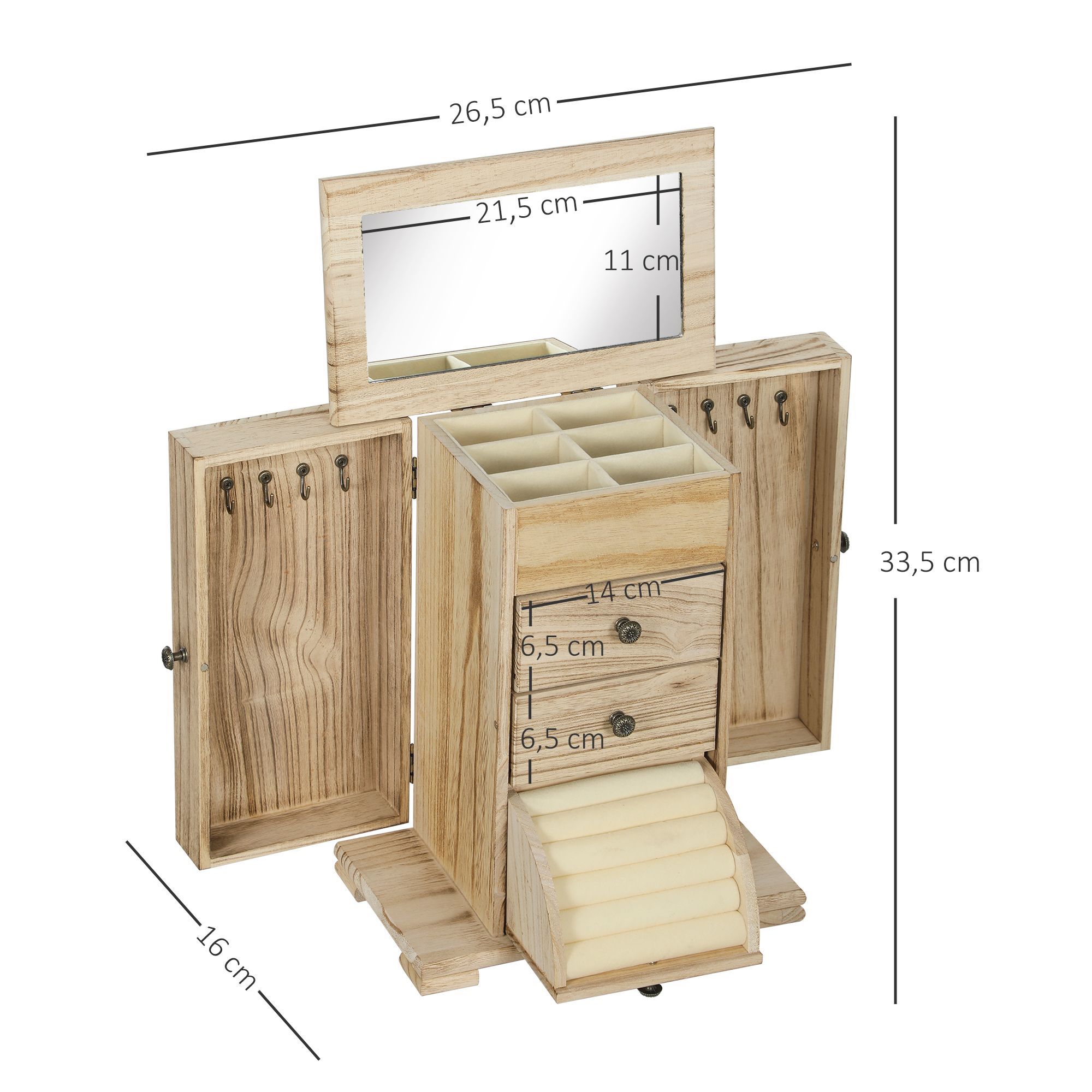 Schmuckbox, Schmuckschatulle, 4-stufiges Layout, integrierter Spiegel, Holz, Braun