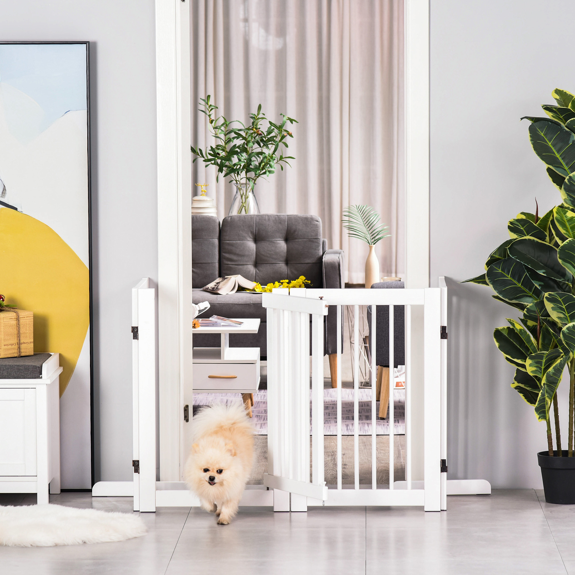 Absperrgitter Hund 4-teilig, 204 x 75 cm Faltbar Türschutzgitter mit Tür, Freistehend Hundegitter mit 2 Stützfüßen, Treppengitter aus Holz für Flur, Küche, Treppe, Weiß
