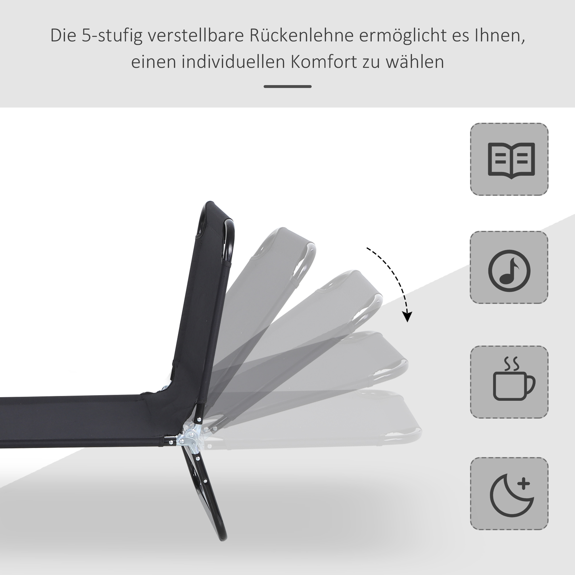 Sonnenliege, 5-fach verstellbare Rückenlehne, schnelltrocknend, Metallrahmen, 190 x 56 x 28 cm, Schwarz