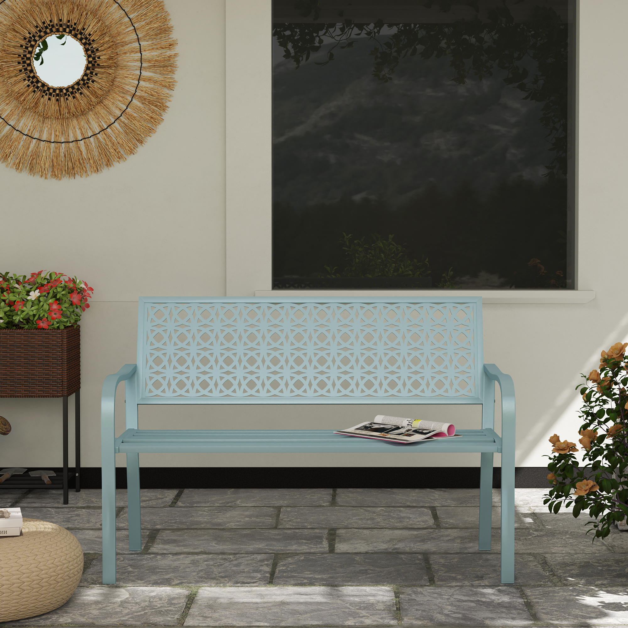 Außenbank, Gartenbank aus Stahl, Ausgeschnittene Rückenlehne, Armlehnen, für 2 Personen, Blau