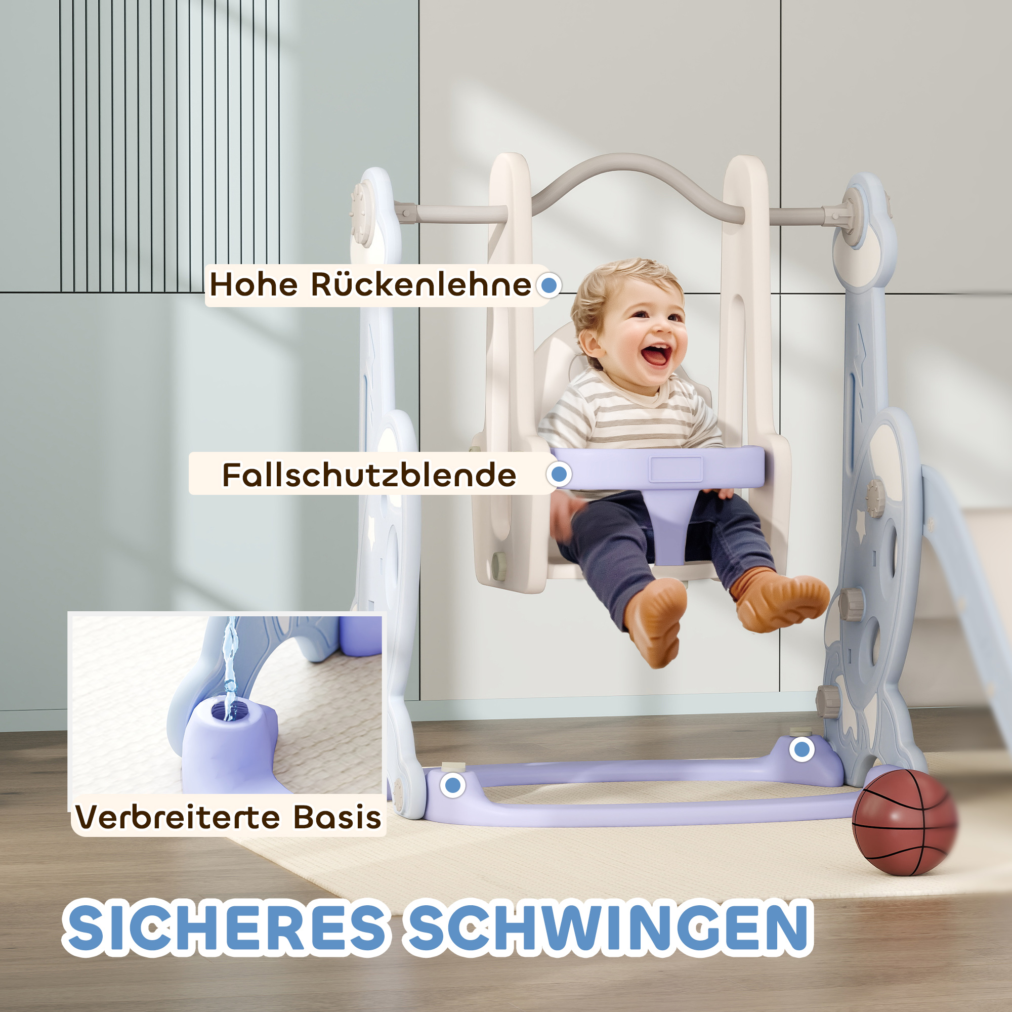 4-in-1 Indoor-Spielplatz, Rutsch- und Schaukelset für Kleinkinder, Basketballkorb, Raketendesign, Kunststoff, Hellblau