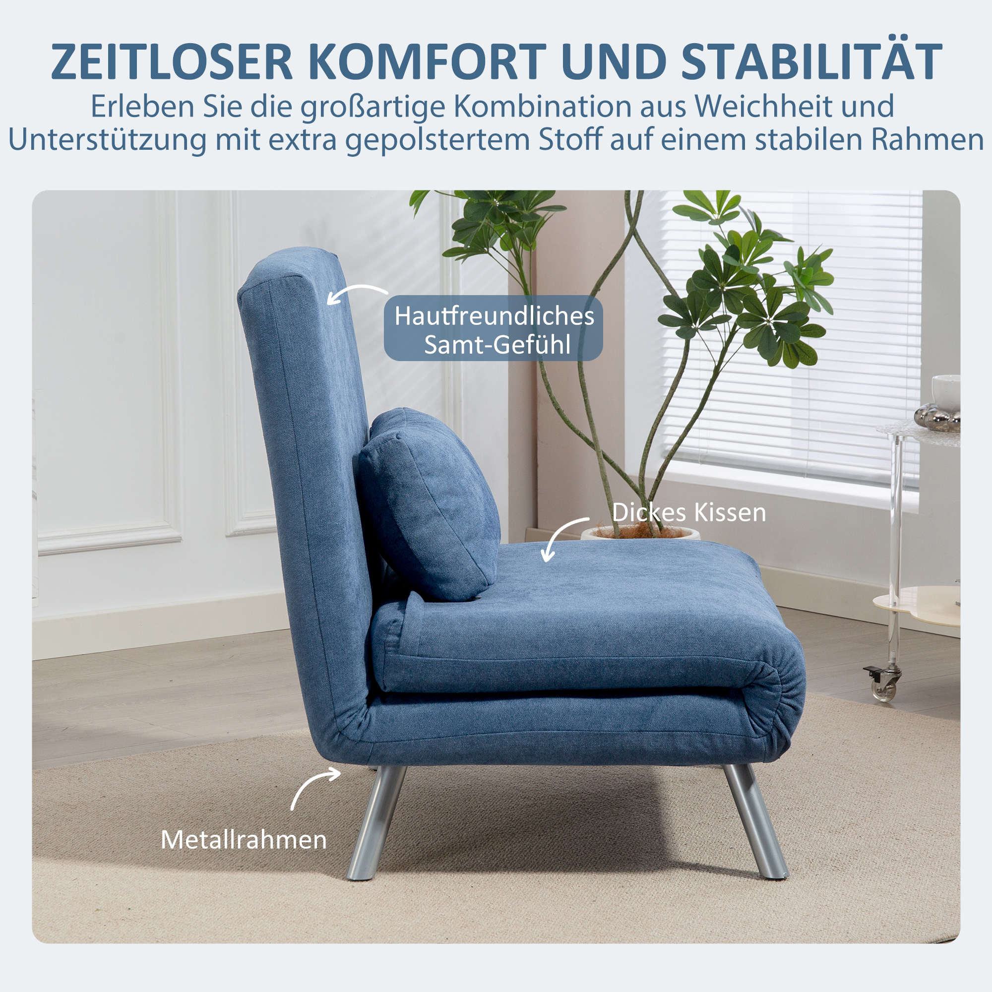 Polstersessel mit Bettfunktion, 3-in-1 Design, Schlafsessel, Gästebett, Stoffbezug, mit Kissen, Blau