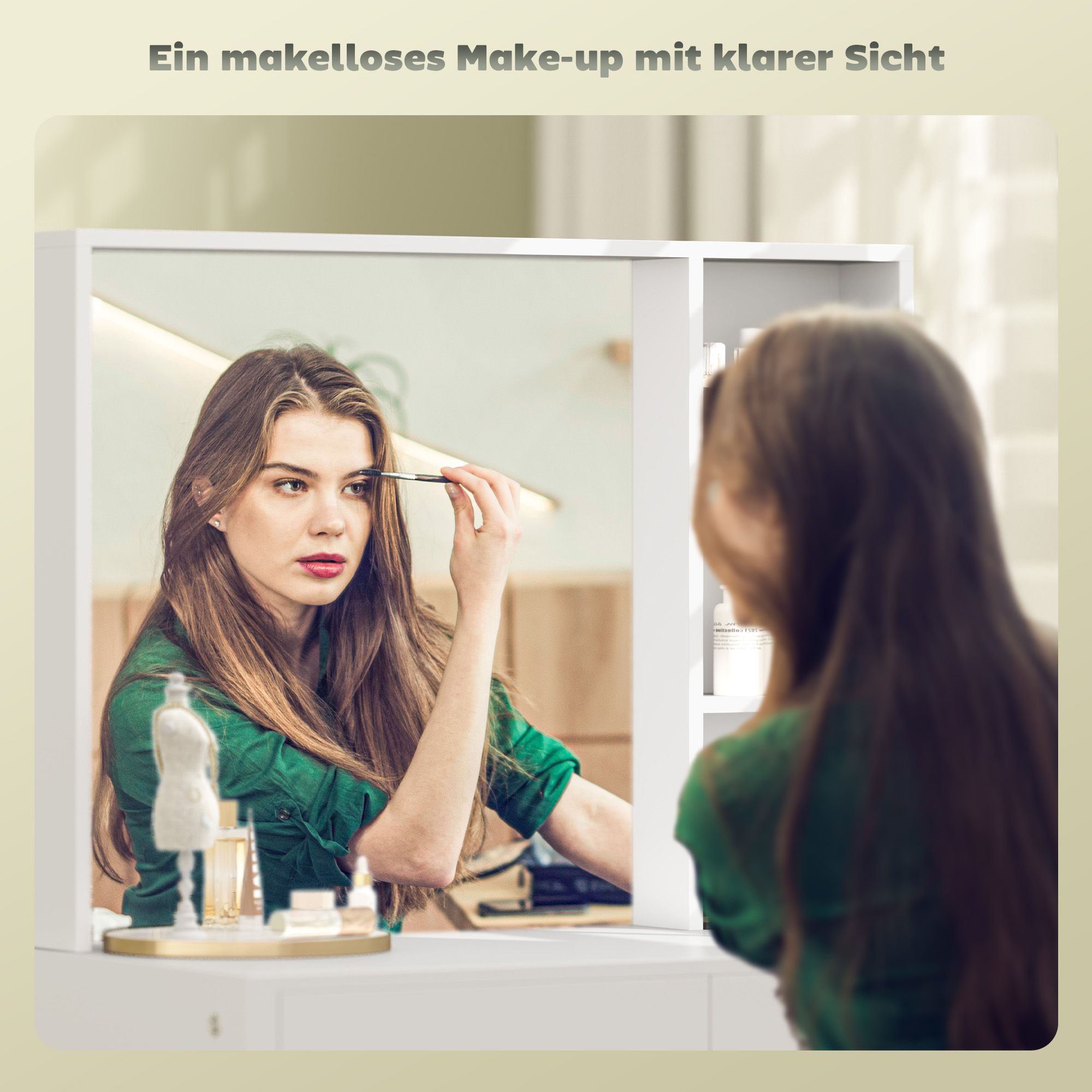 Schminktisch, Make-up-Tisch mit großem Spiegel, 4 Schubladen, 3 offene Fächer, 2 Schränke, MDF, Weiß