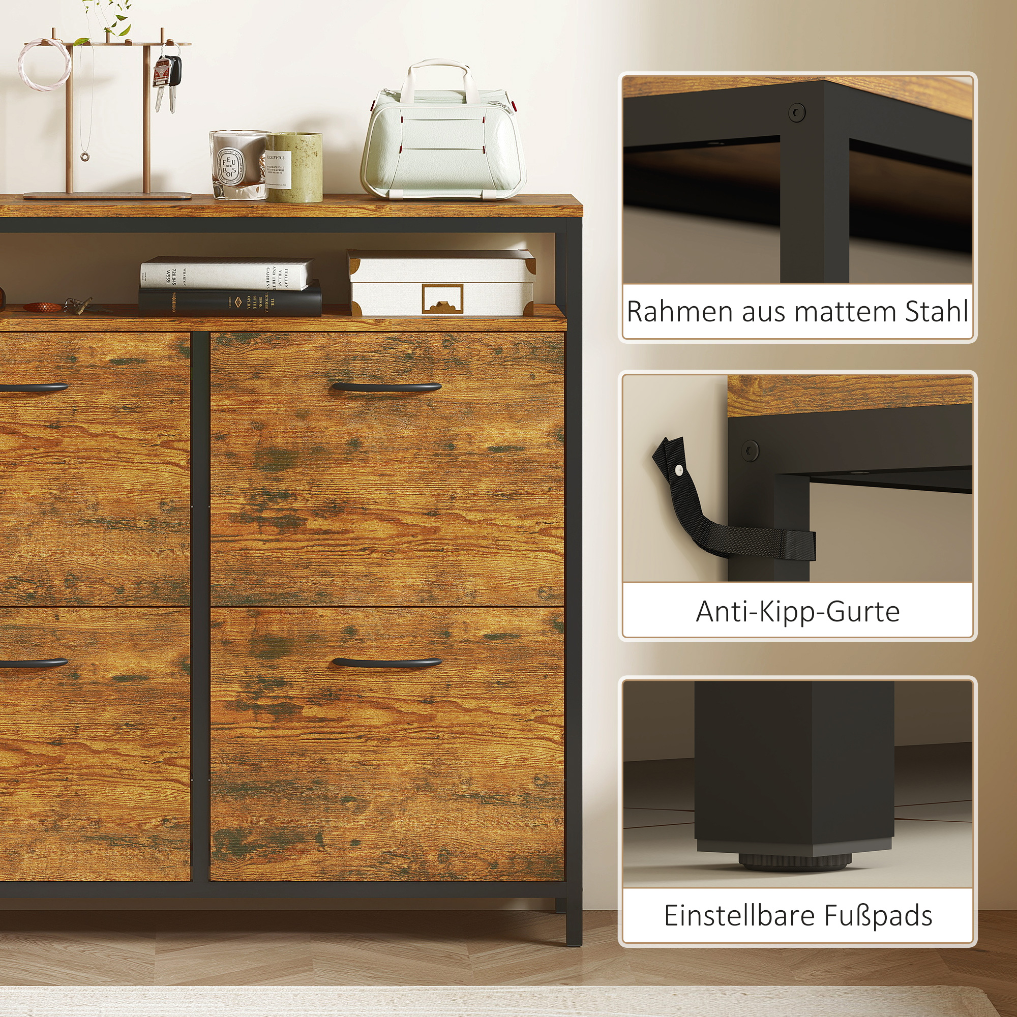 Schuhschrank mit 4 klappbaren Schubladen, schmales Design, offenes Regal, für 12-20 Paar Schuhe, Stahl, Braun