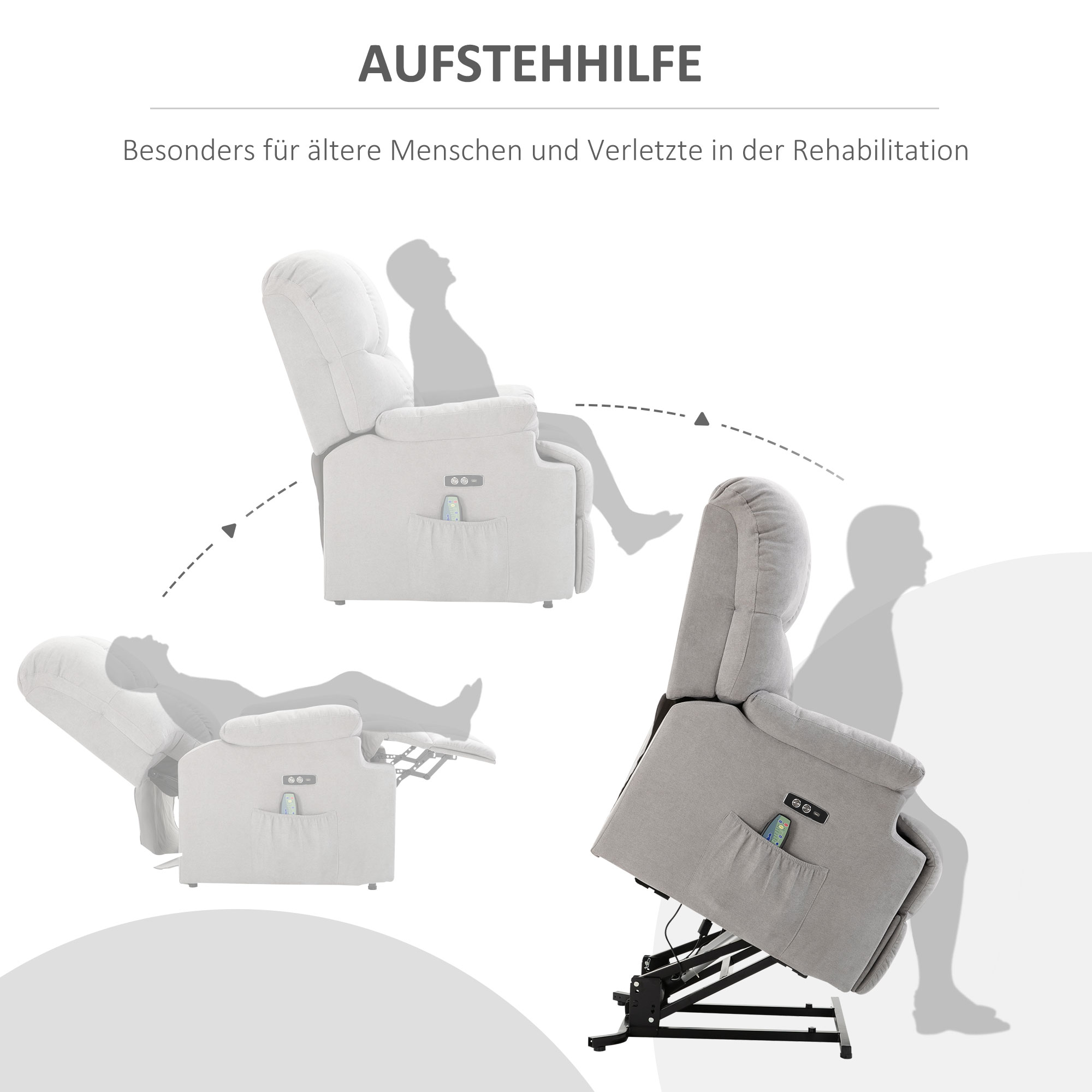 Sessel mit Aufstehhilfe, Massagesessel, Relaxsessel mit USB-Anschluss, Fernsehsessel mit Fernbedienung, Seitentasche, Neigebarer TV-Sessel mit Samtoptik, Grau
