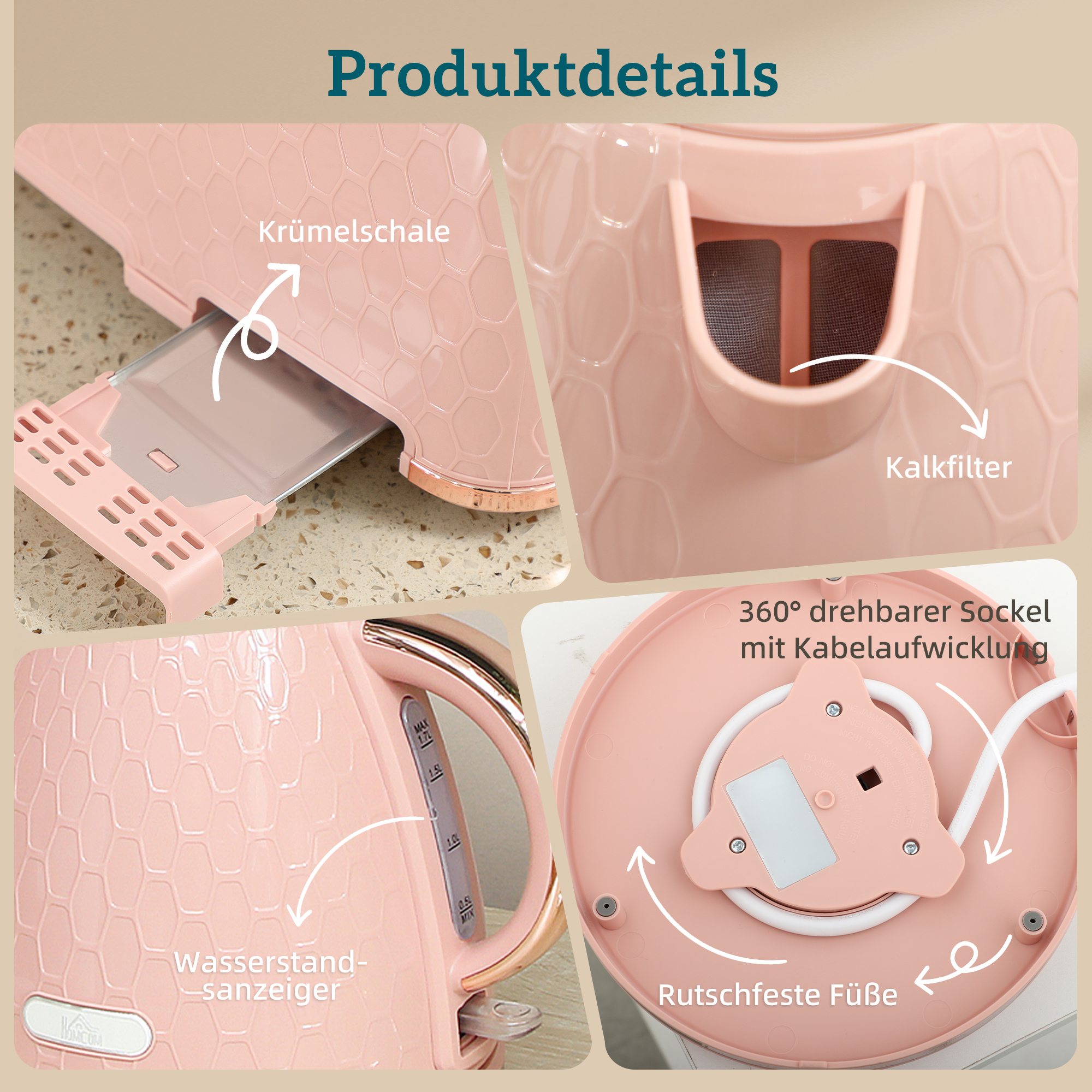 Wasserkocher- und Toaster-Set, 1,7L 2200W Schnellkoch-Wasserkocher mit automatischer Abschaltung und 2-Scheiben-Toaster mit Krümelschublade, Rosa