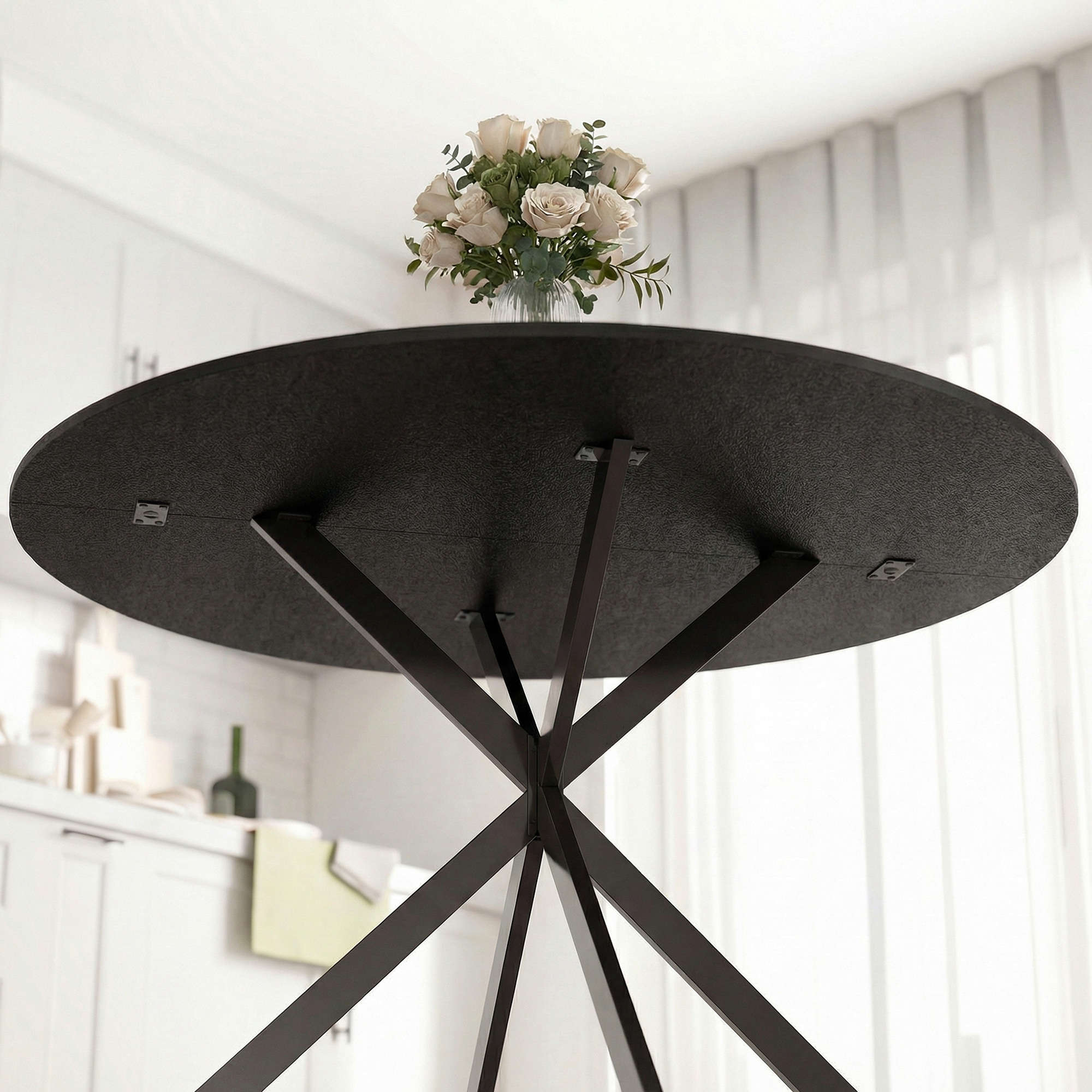 Runder Esstisch für 4 Personen, Küchentisch im Industriestil mit Stahlbeinen, für Esszimmer, Küche, Schwarz