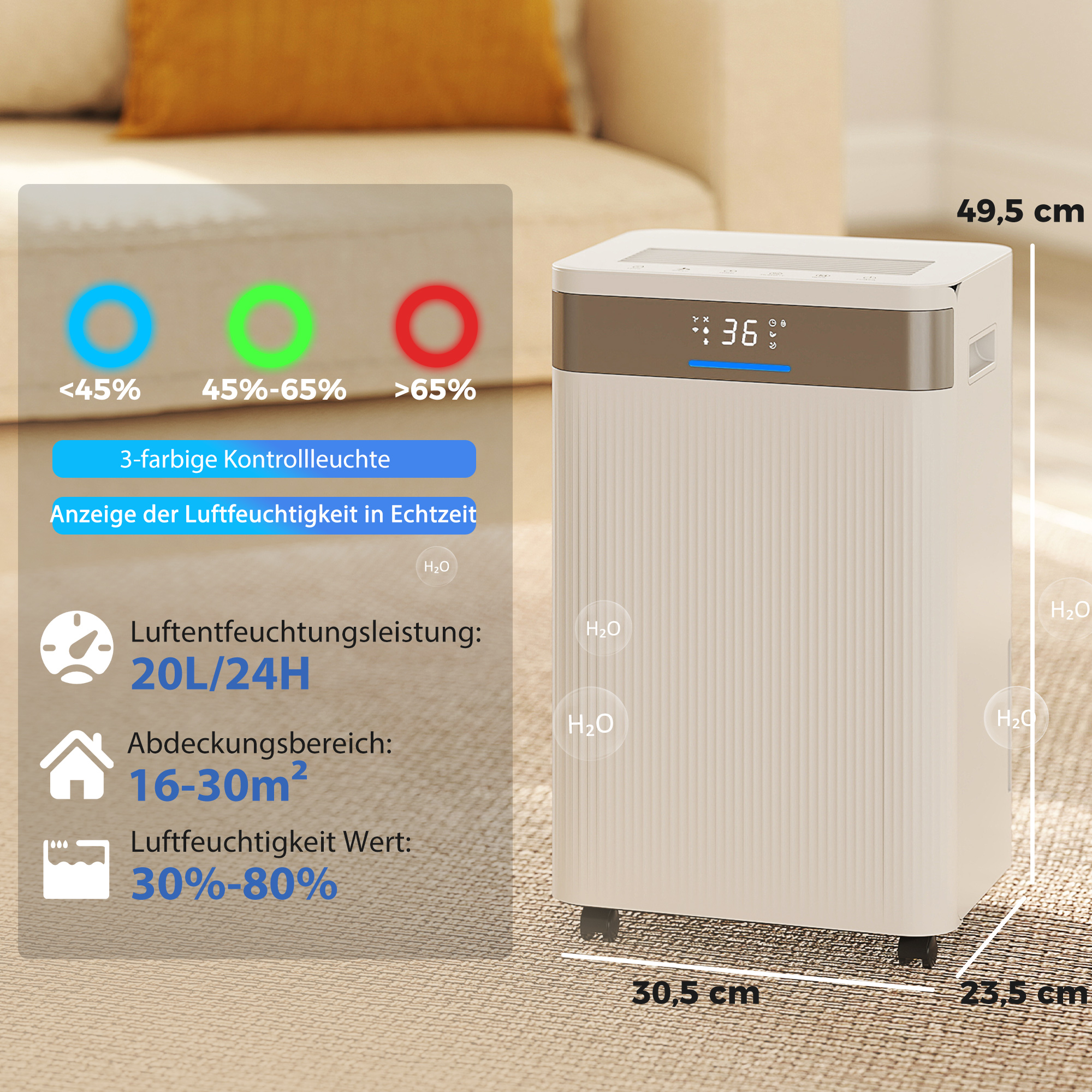 Luftentfeuchter, 4,5 Liter Tank, 24-Stunden-Timer, LED-Display, Kunststoff, Weiß