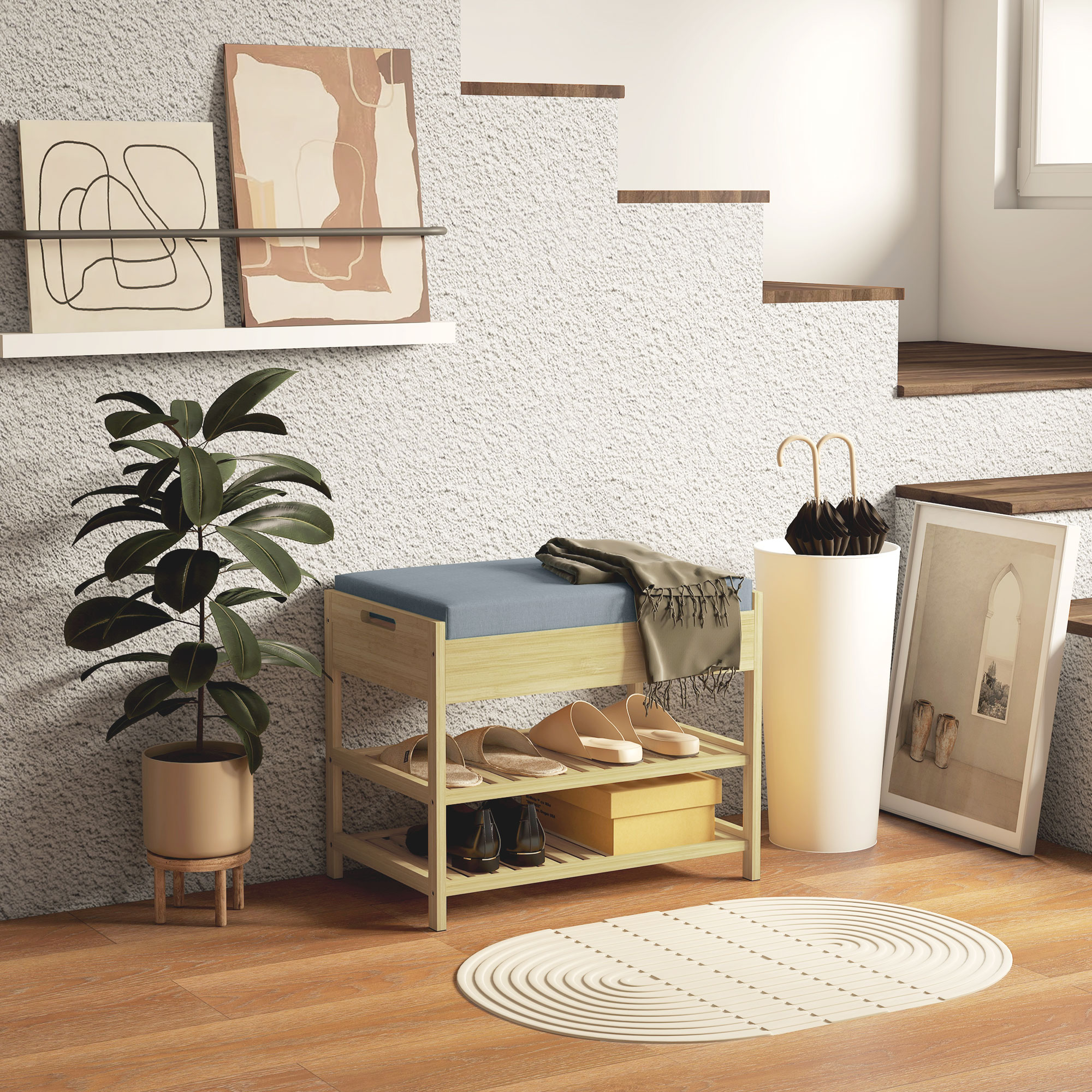 Schubank Schuhregal, 2 Ablagen, Sitzpolster, Bambus, 55 cm x 35 cm x 46 cm, Grau + Natur