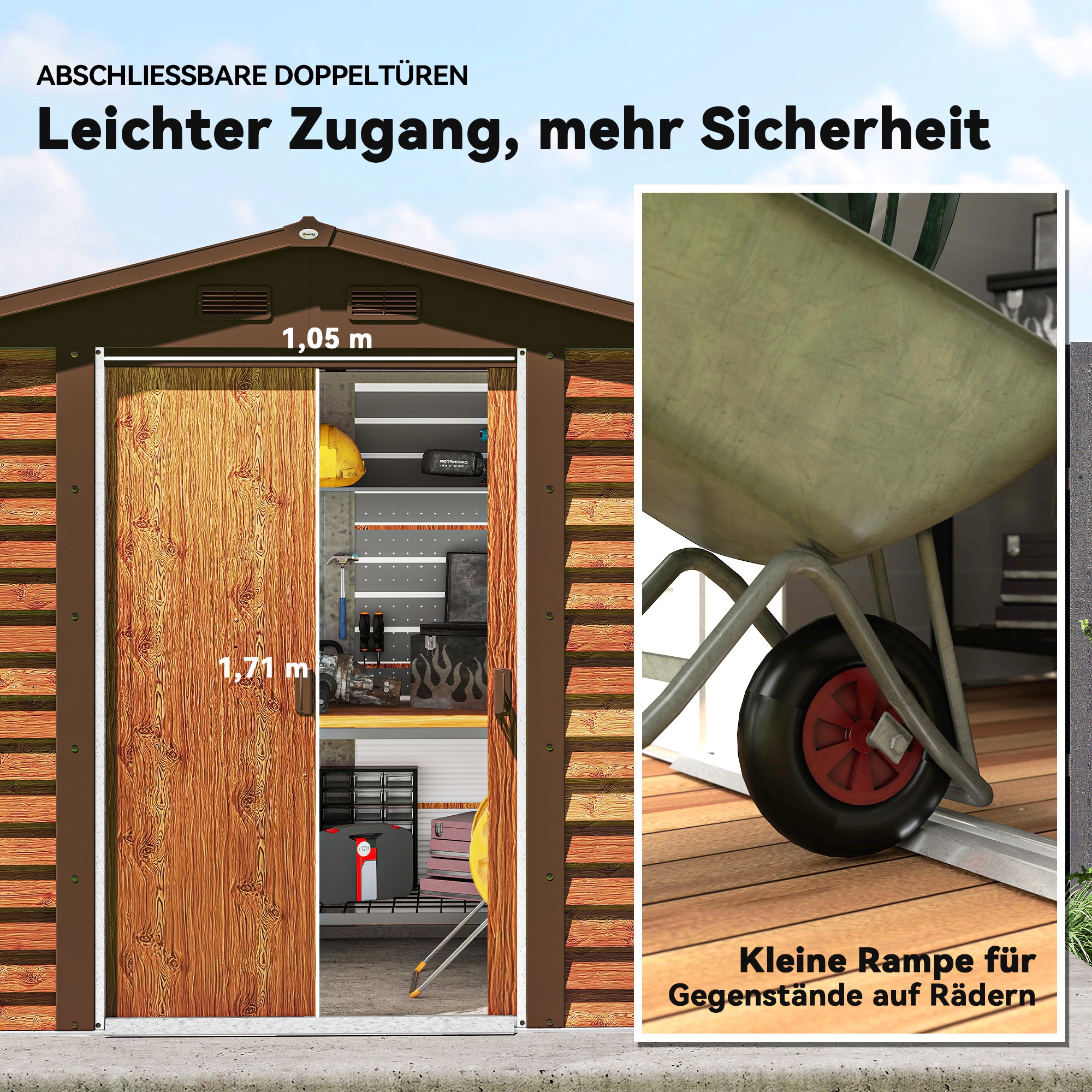 Gartenschuppen, Geräteschuppen, Gartenhaus mit Fenster, wetterfest, Holzoptik, Stahl, 152 x 235,7 x 208,7 cm, Braun
