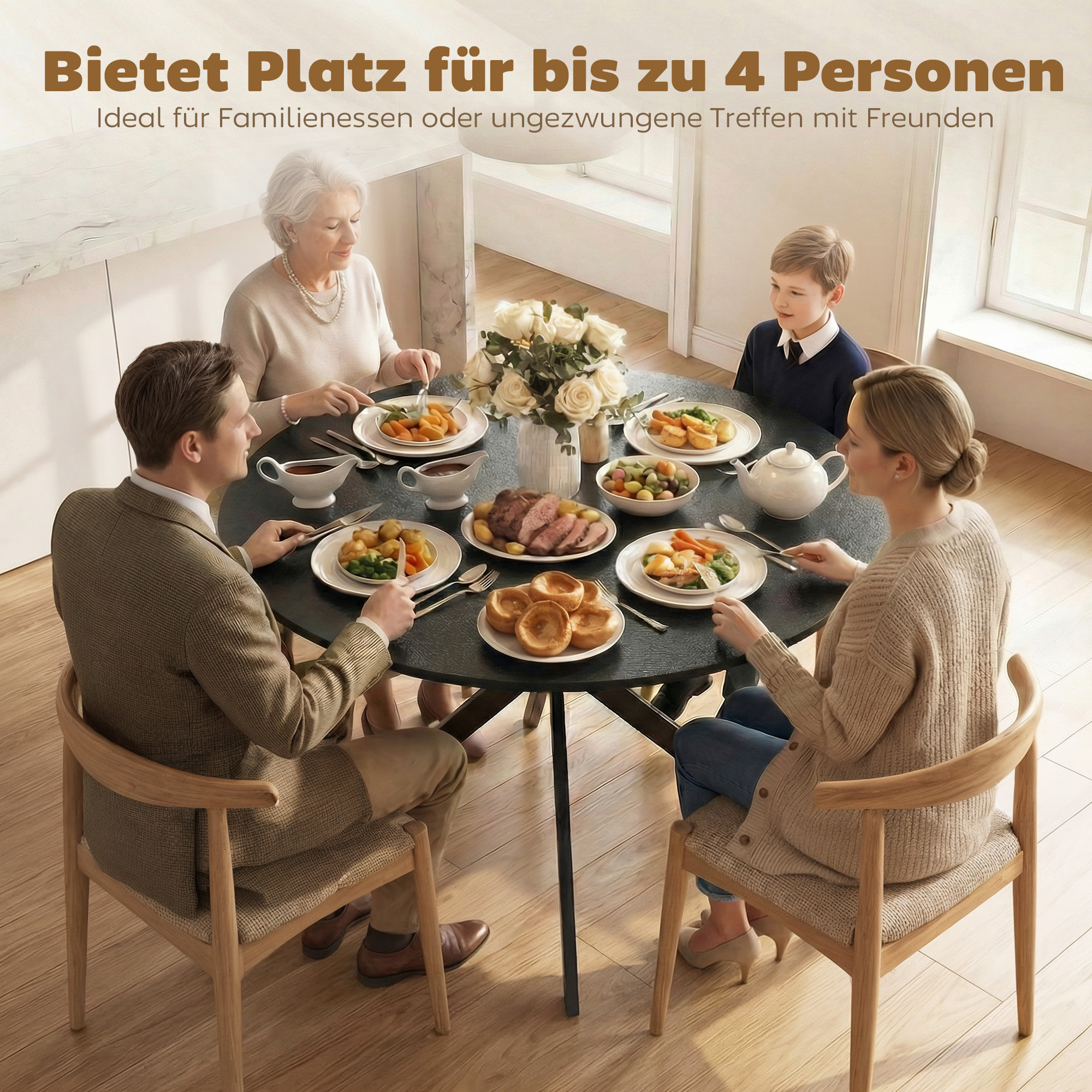 Runder Esstisch für 4 Personen, Küchentisch im Industriestil mit Stahlbeinen, für Esszimmer, Küche, Schwarz