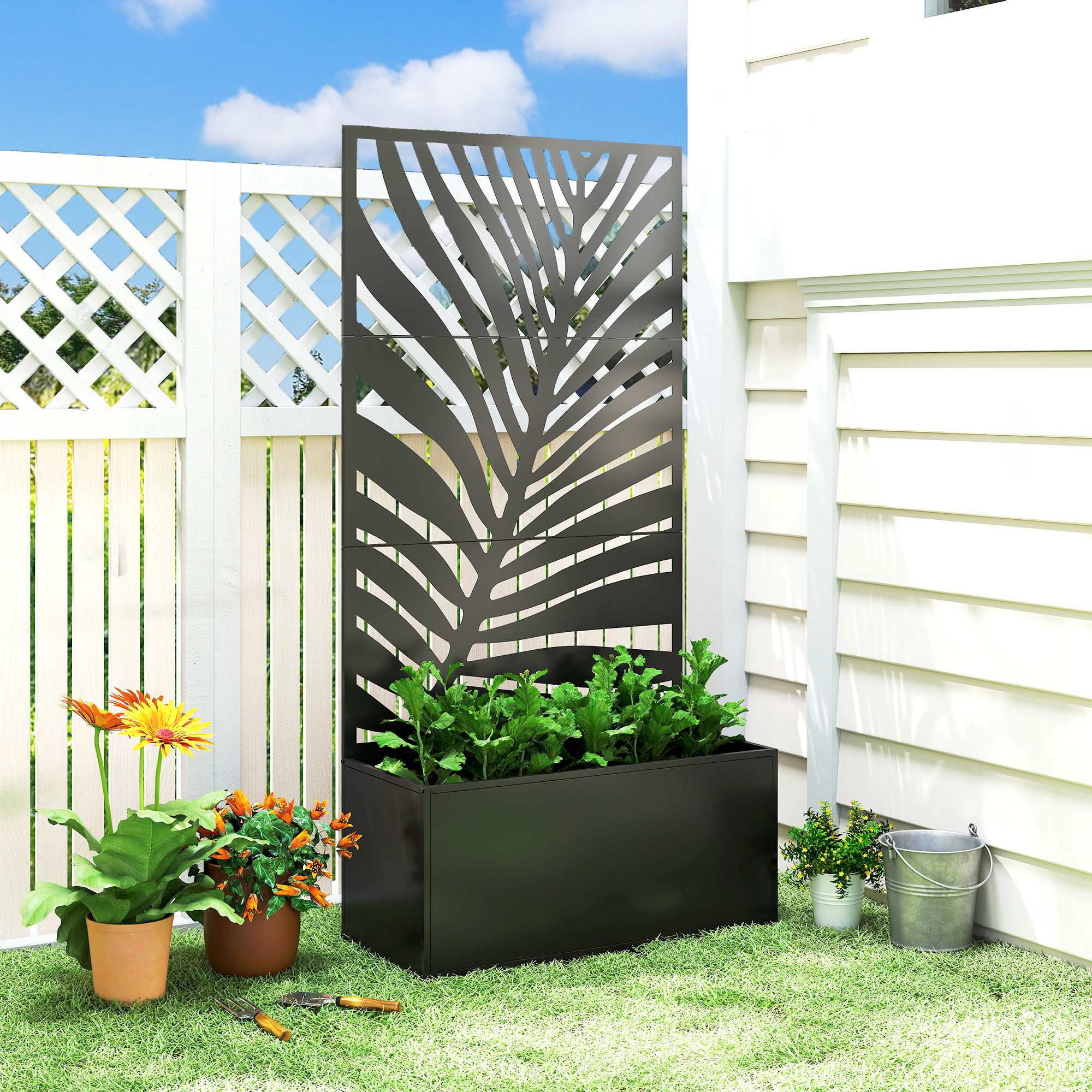 Hochbeet Pflanzkasten mit Sichtschutz Pflanzkübel Blumenkasten Metall, Gartenspalier 90 x 40 x 180 cm Schwarz