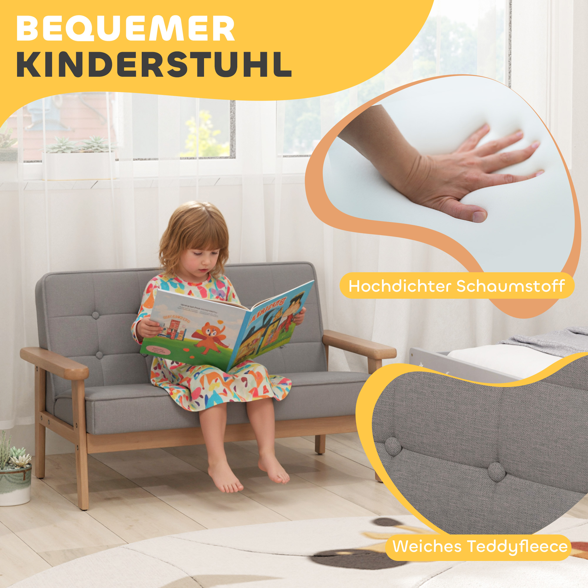 Kindersessel, Kindersofa mit Holzrahmen, Samtoptik, gepolstert, für Kinder von 3-15 Jahren Grau