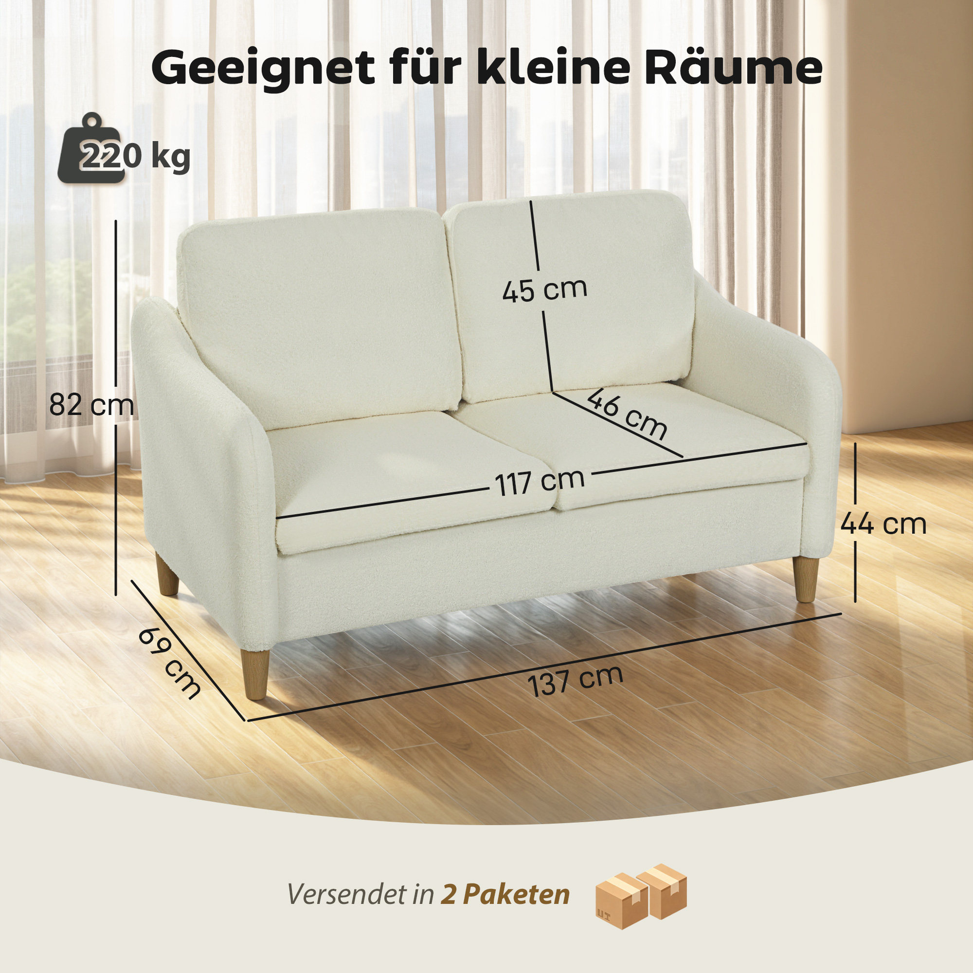 Sofa 2 Sitzer kleine Couch mit Sherpa-Fleece-Optik 137 cm für Wohnzimmer Cremeweiß