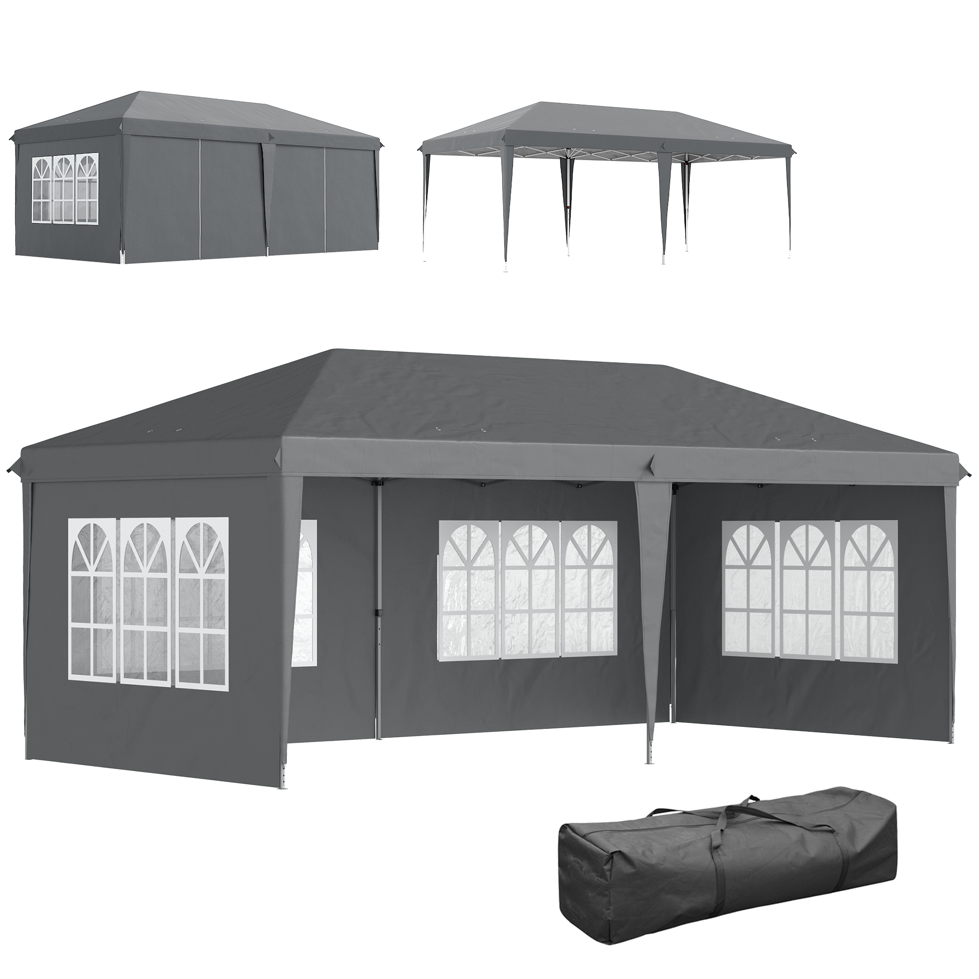 Pavillon ca. 3x6m Wasserdicht Pop-up Faltpavillon mit 4 Seitenwänden, Fenster UV-Schutz Tragetasche Grau