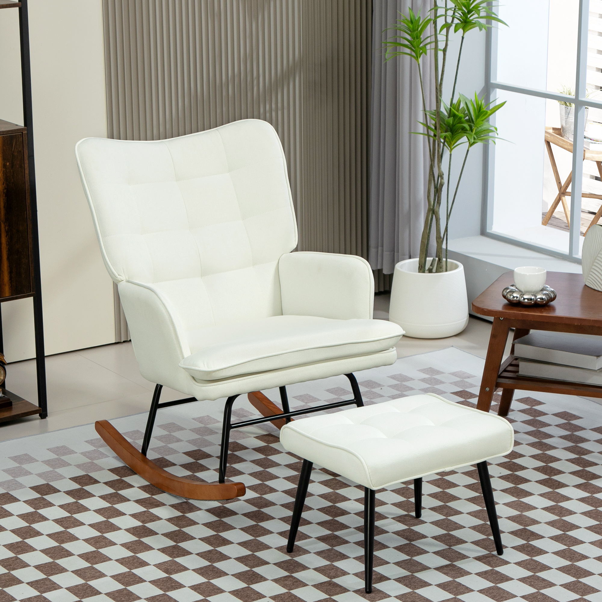 Schaukelstuhl mit Hocker, sanftes Schaukelsystem, Leinenimitat, 64 x 89 x 90 cm, Cremeweiß