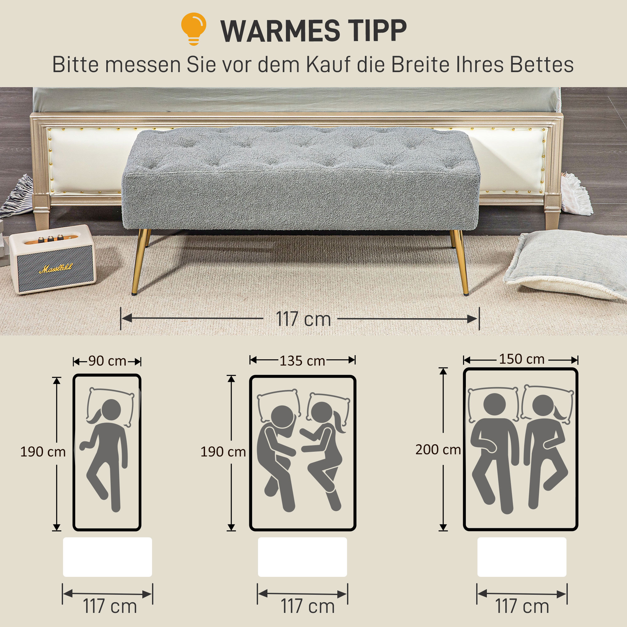 Bettbank, Sitzbank, weicher Bezug in Lammwoll-Optik, bis 120 kg, vergoldete Stahlbeine, 112x41x46cm, Grau