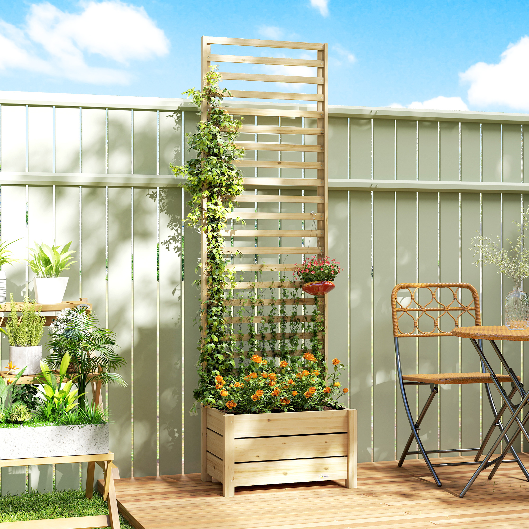 Hochbeet mit Rankgitter Holz erhöhter Blumenkasten mit Spalier Abflussloch Vliesstoff 60 x 39 x 200 cm Naturholz