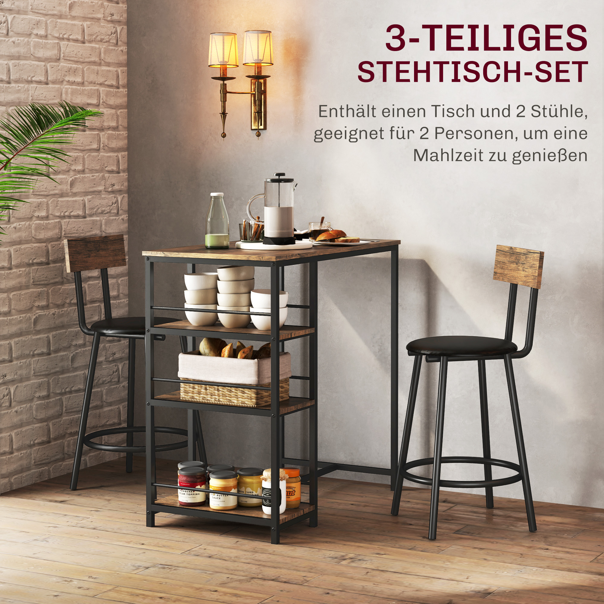 3-teiliges Ess-Set mit Bartisch und 2 Stühlen, Kleines Küchenset mit seitlichen Regalen, MDF, Metall, Schwarz