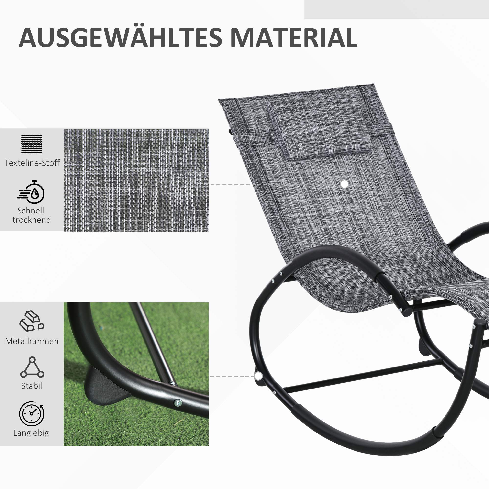 Schaukelstuhl Gartenstuhl Liegestuhl, inkl. Kopfstütze, 155 cm x 61cm x 88 cm, Grau