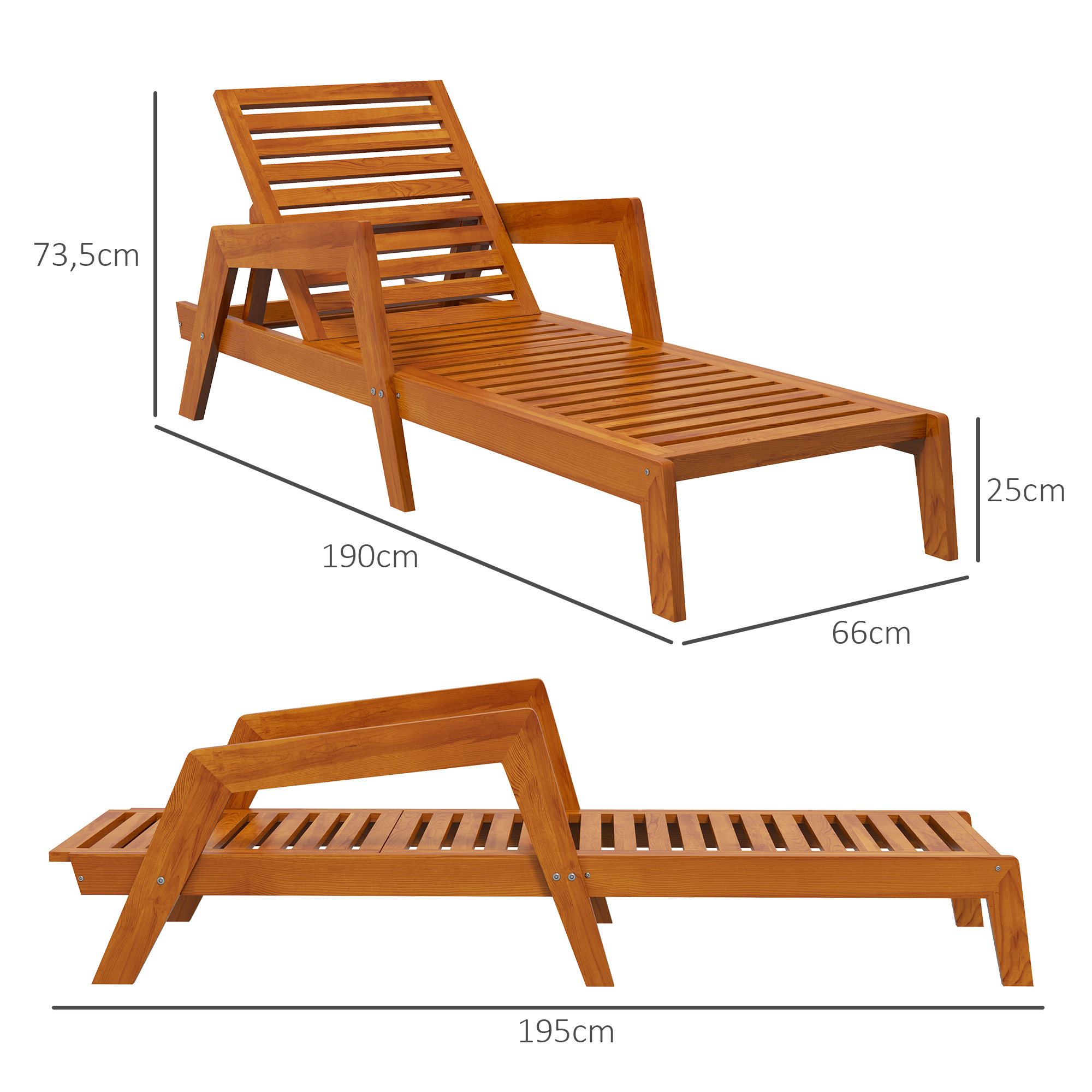Sonnenliege Gartenliege Holzliege, Massivholz, 66 cm x 190 cm x 73,5 cm, Orange