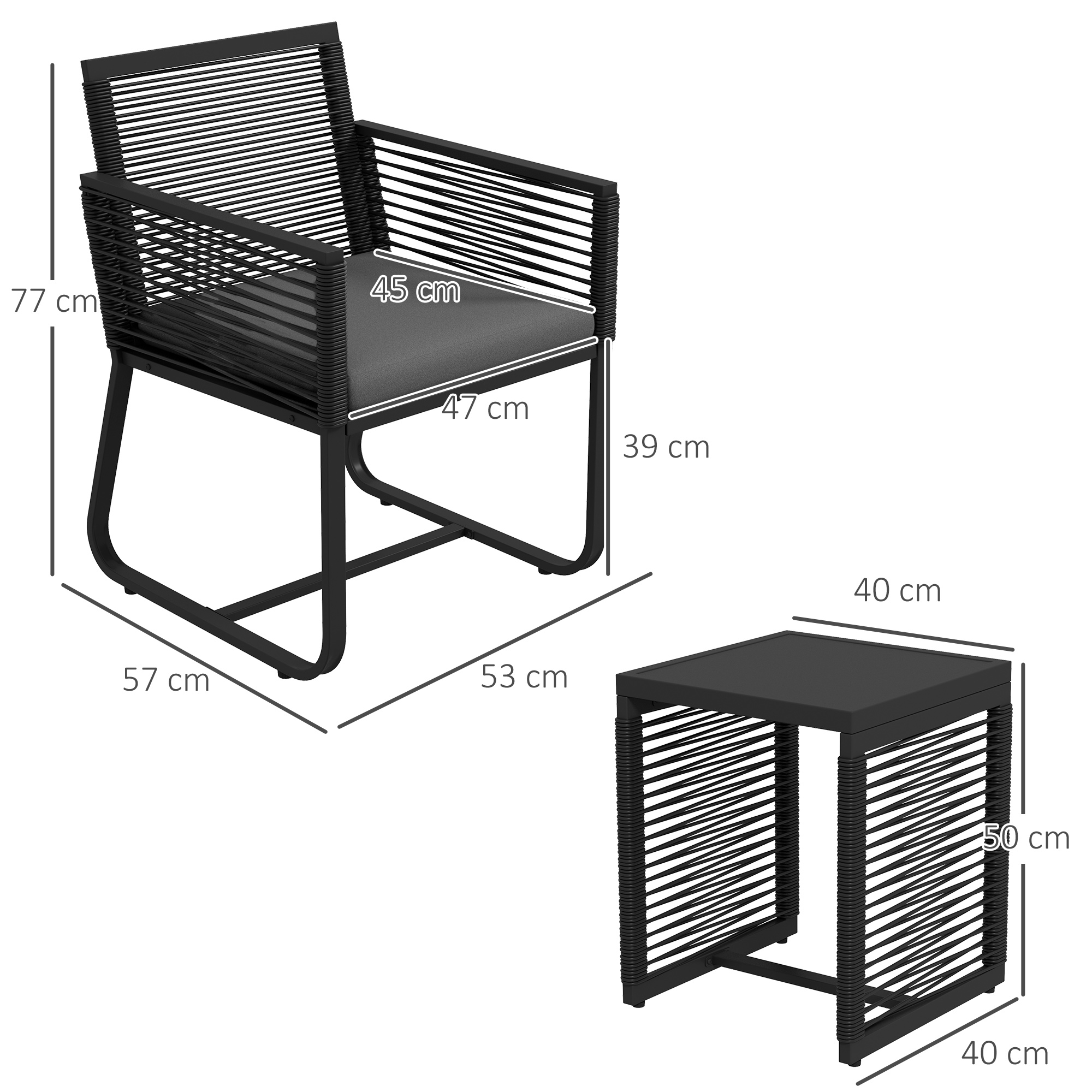 3-teiliges Bistro-Set Balkon-Set Terrassen-Set, wetterbeständig, modernes Design, 53 cm x 57 cm x 77 cm, Schwarz + Grau