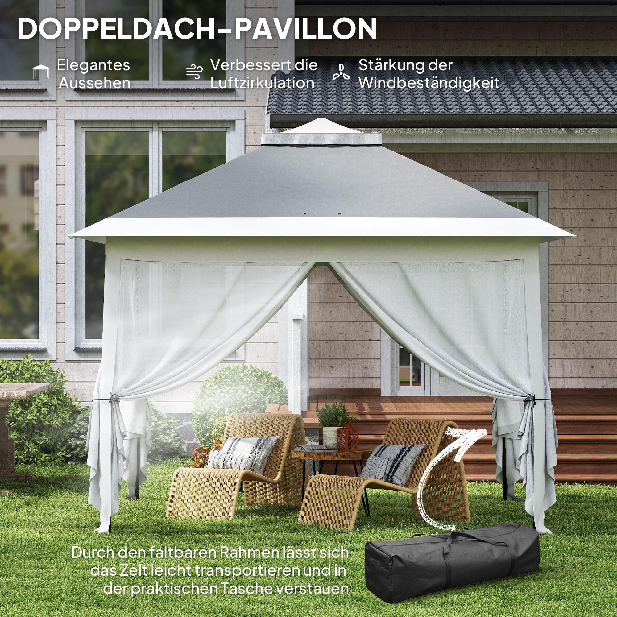 Faltpavillon, Gartenpavillon, Metall und Stoffplane, Netzvorhänge, Entwässerungslöcher, 330L x 330B x 288H cm, Grau