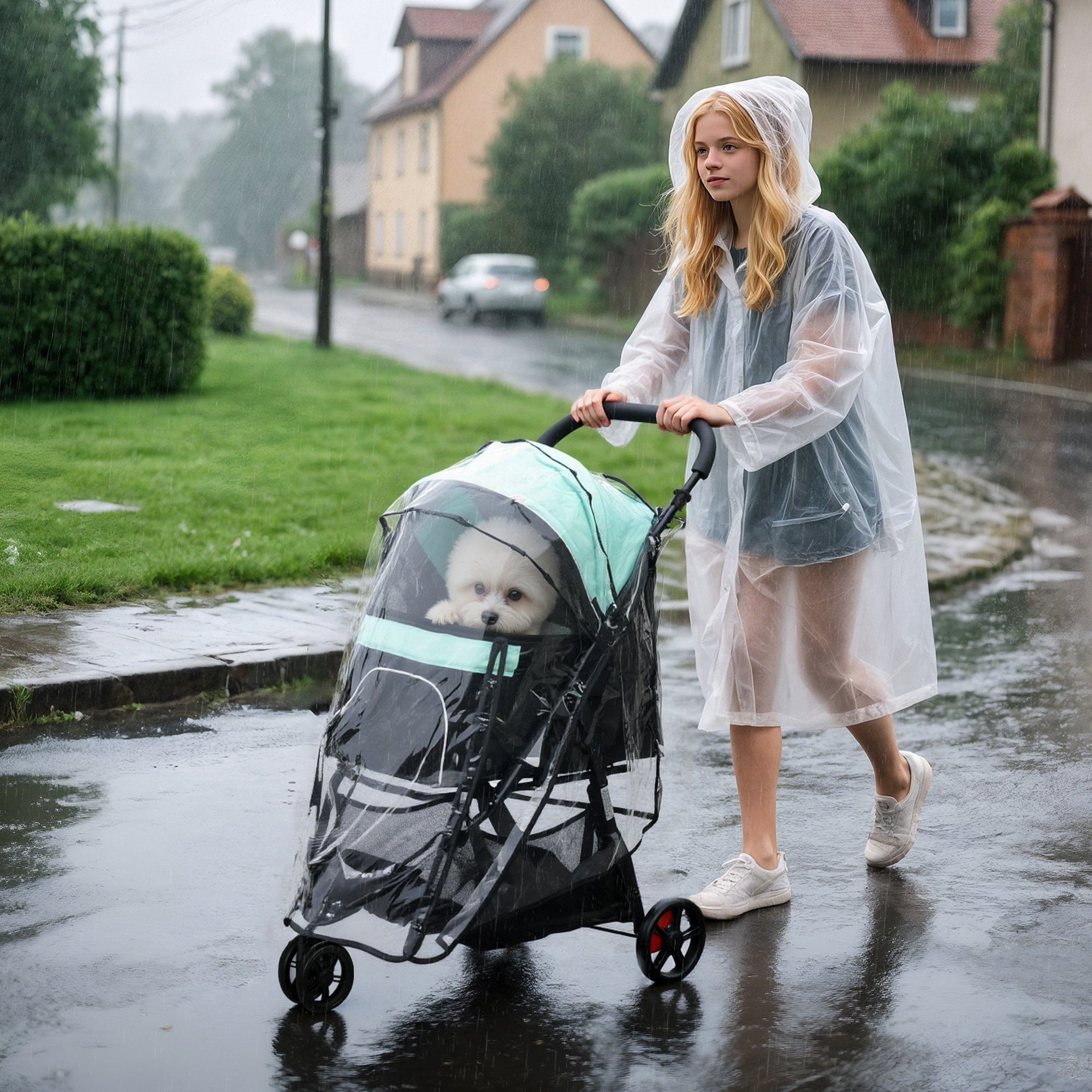 Haustierbuggy Hundebuggy, klappbar, mit Regenschutz, 2 Getränkehalter, Blau + Grün