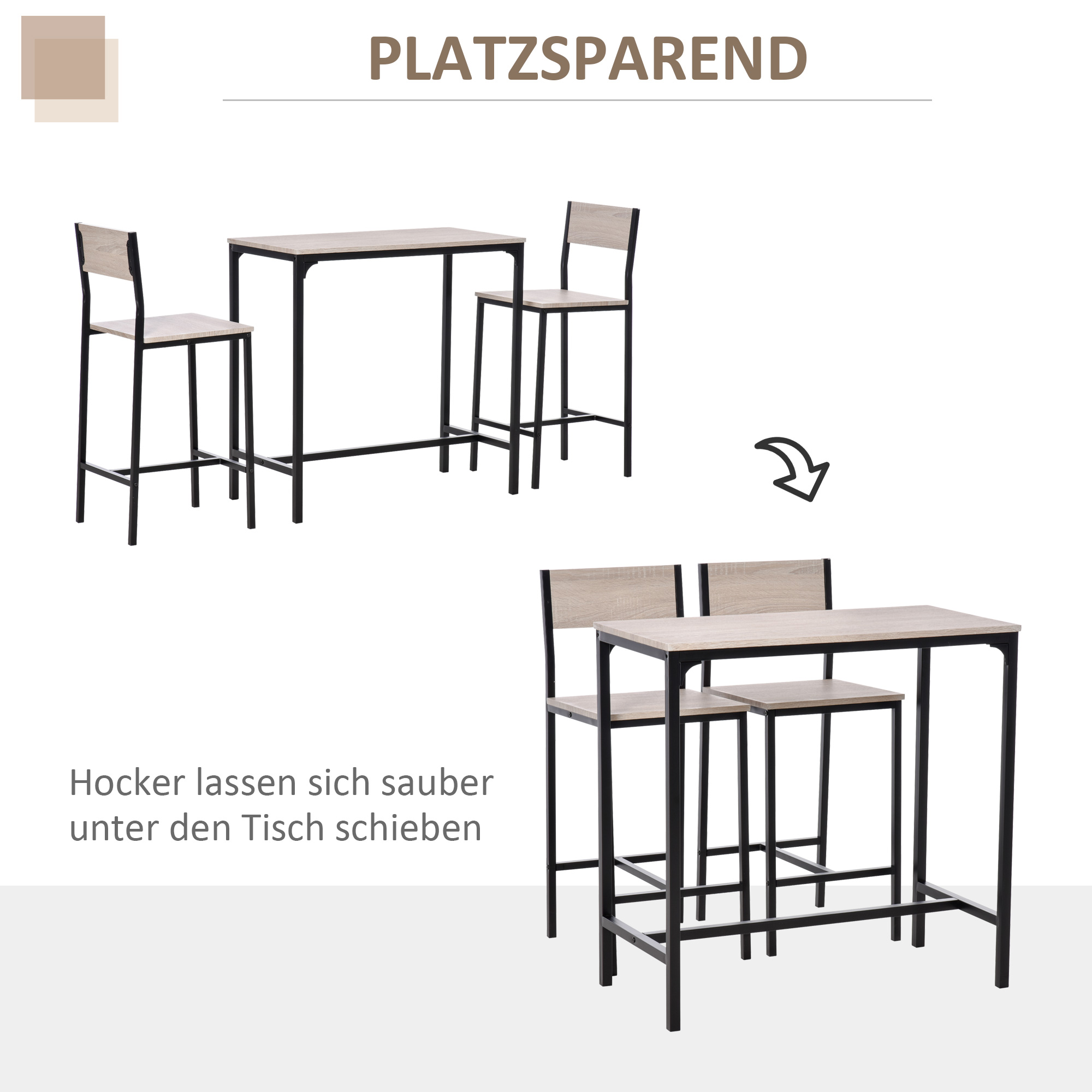 Bartisch Set Bartisch mit Barhocker-Set Esstisch mit 2 Stühlen mit Rückenlehne Küchentisch für Esszimmer, Küche, Natur+Schwarz