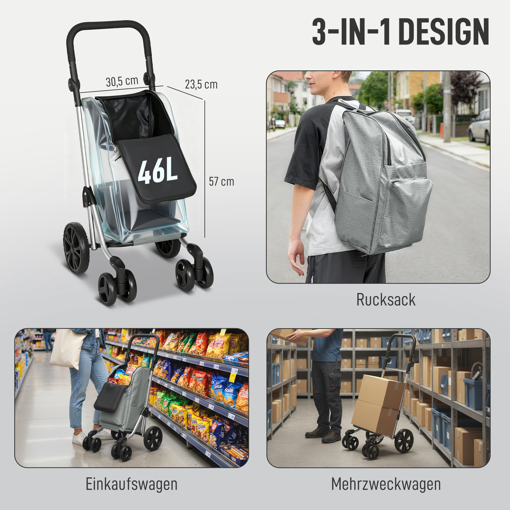 Einkaufstrolley, 46 Liter Tasche, Faltbarer Einkaufswagen mit Kühltasche, verstellbarer Griff, Aluminiumrahmen, Grau