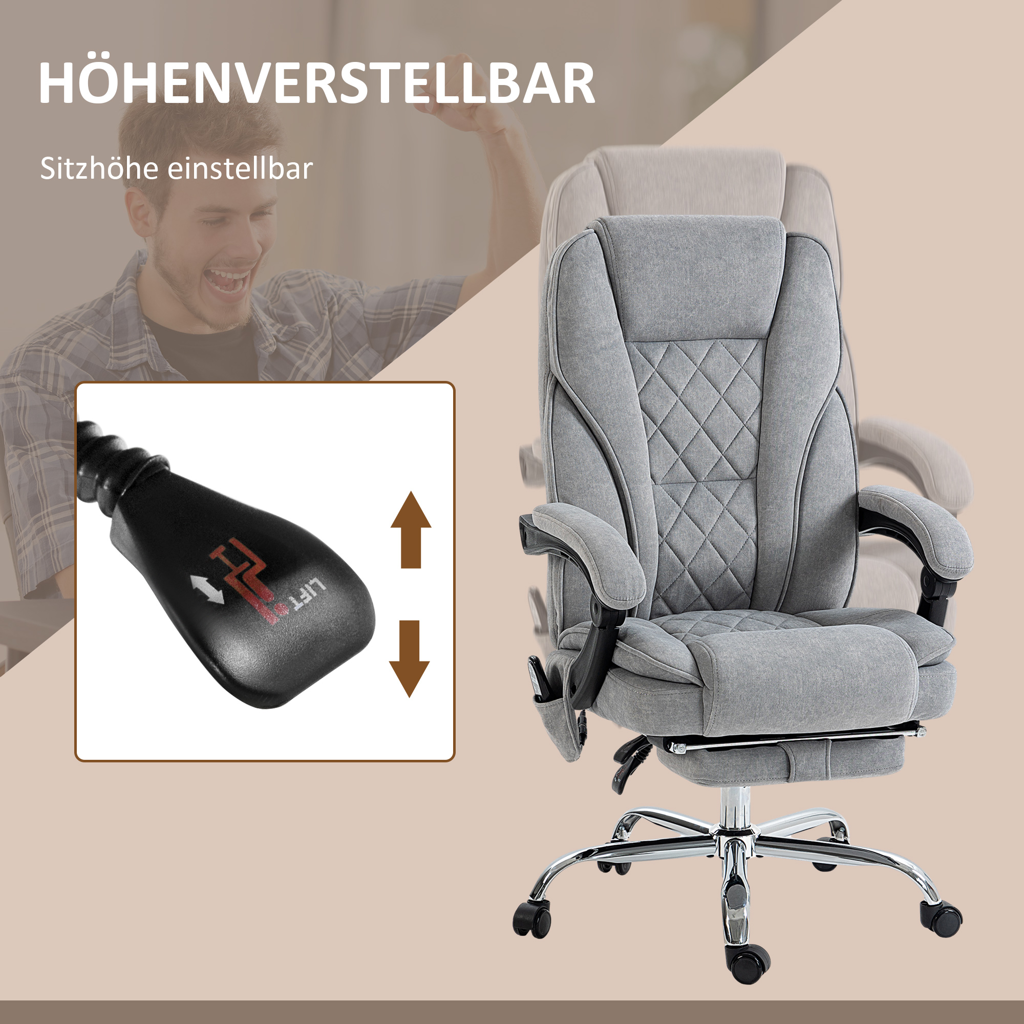 Ergonomischer Bürostuhl mit Massagefunktion, Fußstütze, drehbar, rollbar, Grau