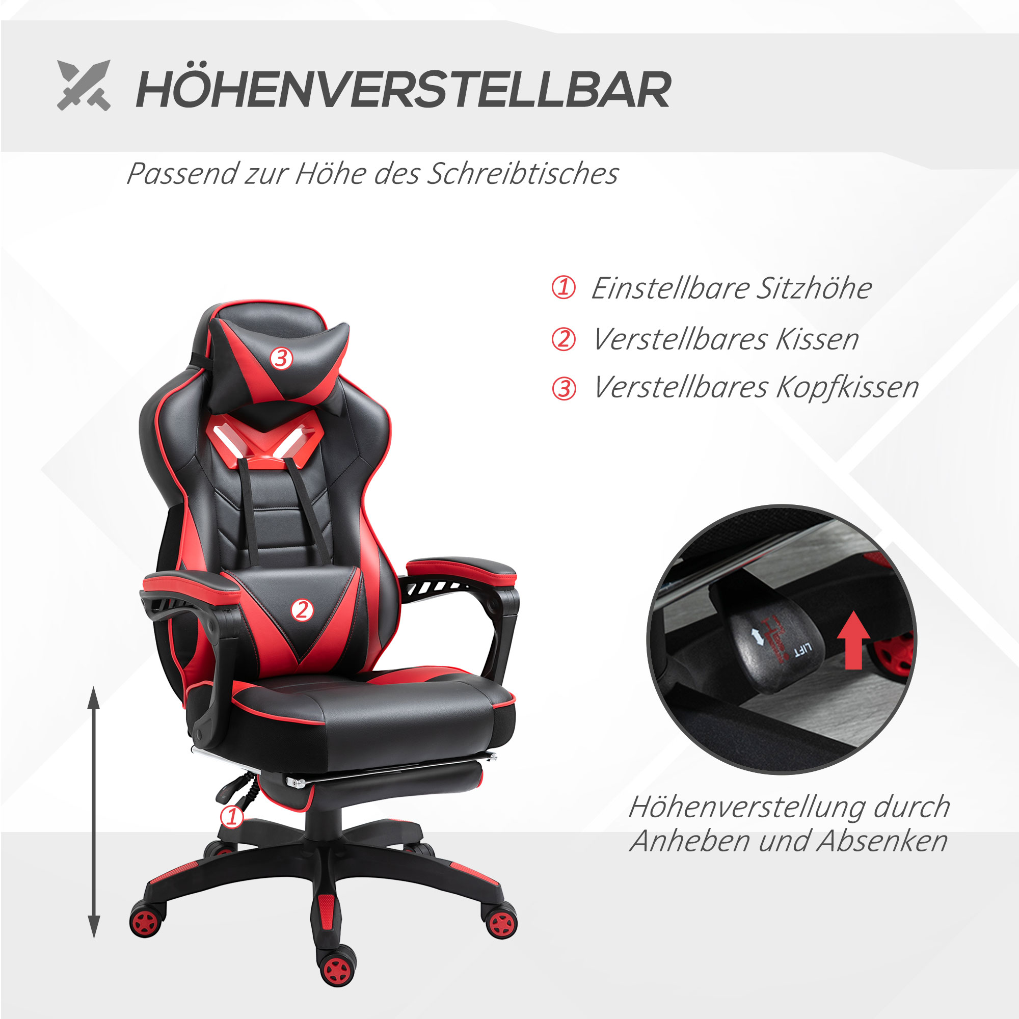 Ergonomischer Bürostuhl, Gaming Stuhl, Drehstuhl mit einziehbare Fußstütze und verstellbarer Rücken Schaumstoff+PU-Leder+Metall, Schwarz+Rot, 65 x 70 x 118,5-128,5 cm