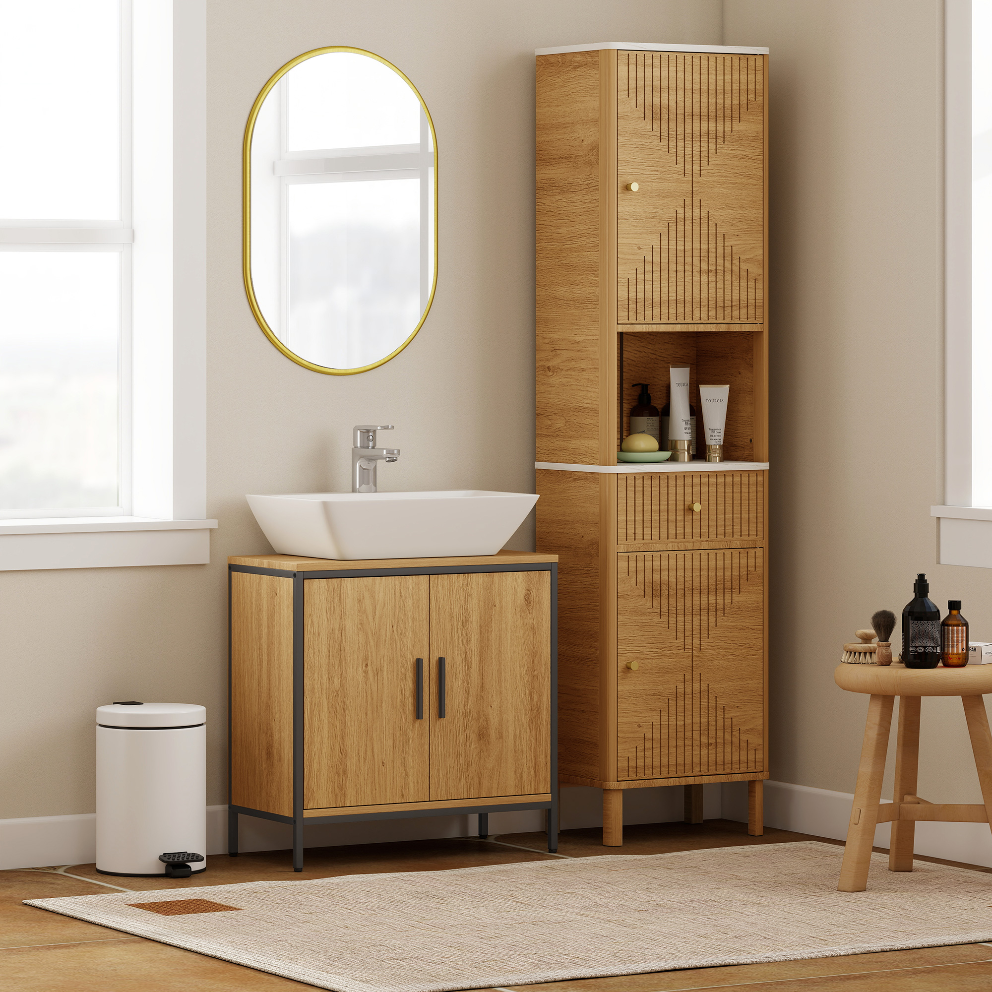 Waschbeckenunterschrank, Unterschrank mit 2 Türen, einstellbarem Regal, 60x30x60 cm Badezimmerschrank mit Stahlrahmen, für Waschbecken ohne Sockel, Eiche