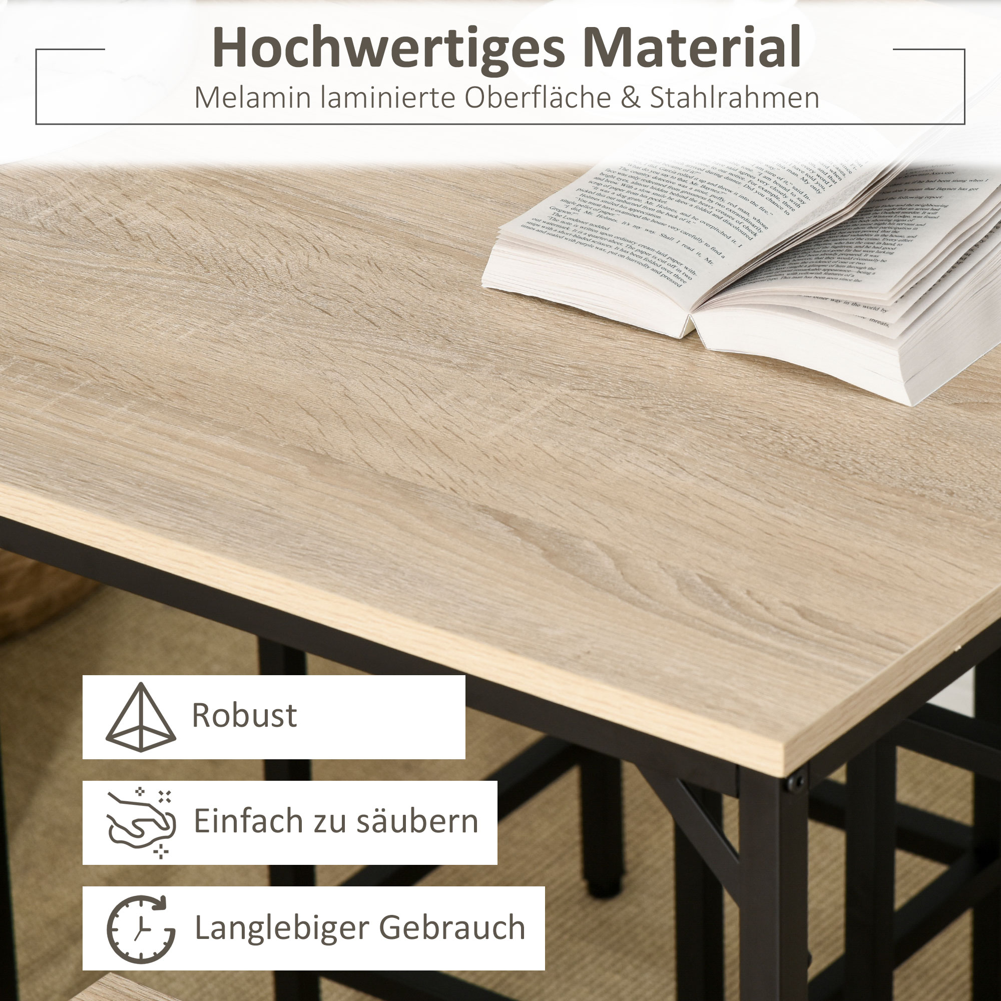 Bartisch-Set Stehtisch mit 4 Barhockern 5-teiliges Tischset Stahl Eiche