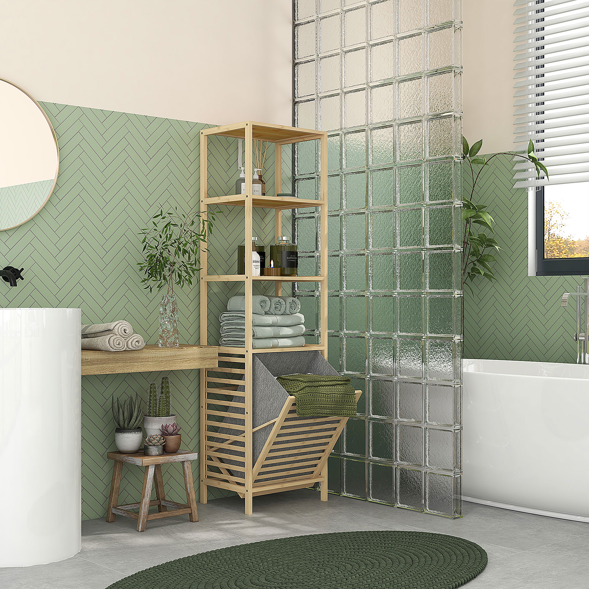 Badezimmerregal, mit Wäschesammler, 3 Regalböden, Bambusrahmen, 44x33x160cm, Natur