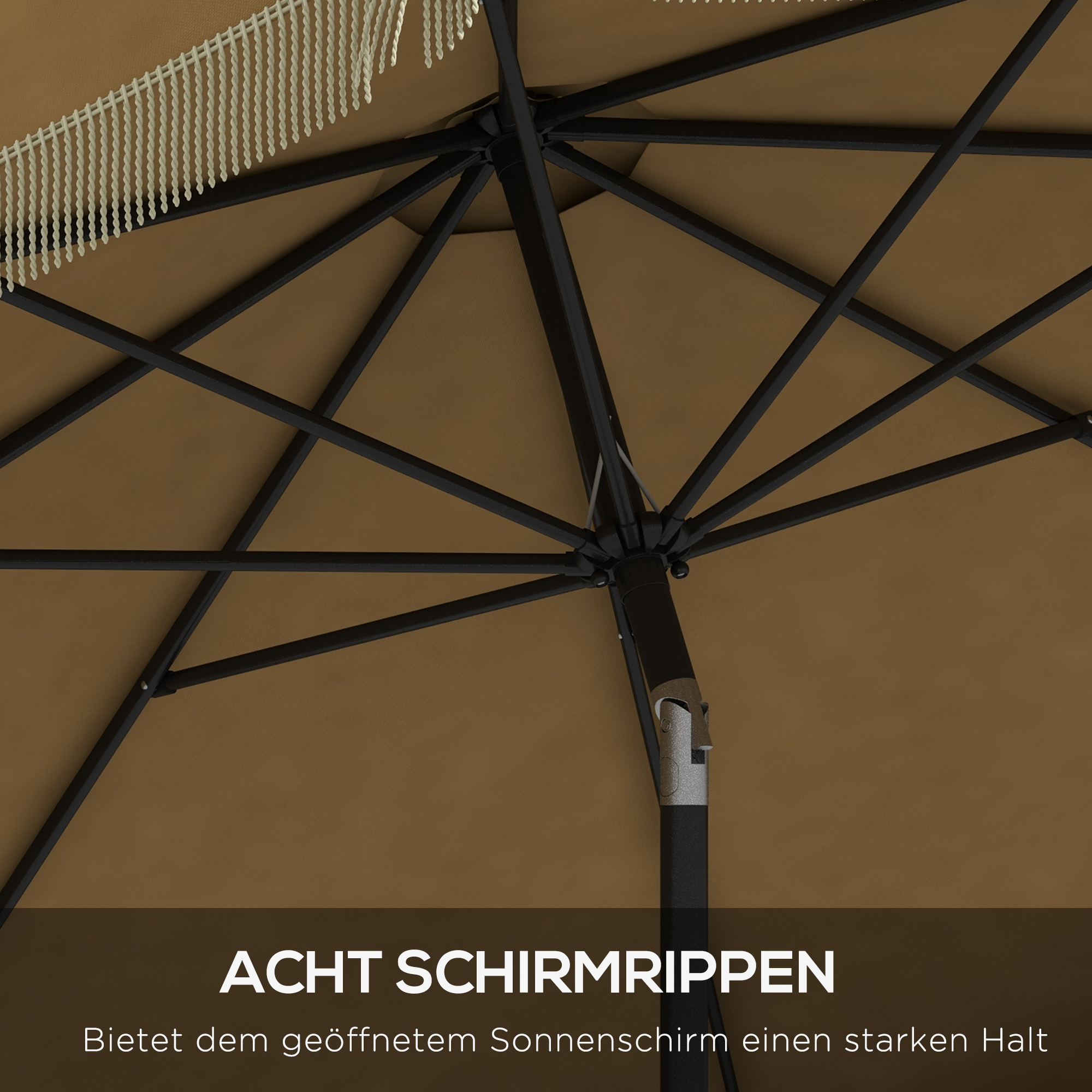 Sonnenschirm mit Fransendekor, Ø265 cm, neigbar, zweiteiliger Metallmast, Windhaube, Khaki/Schwarz