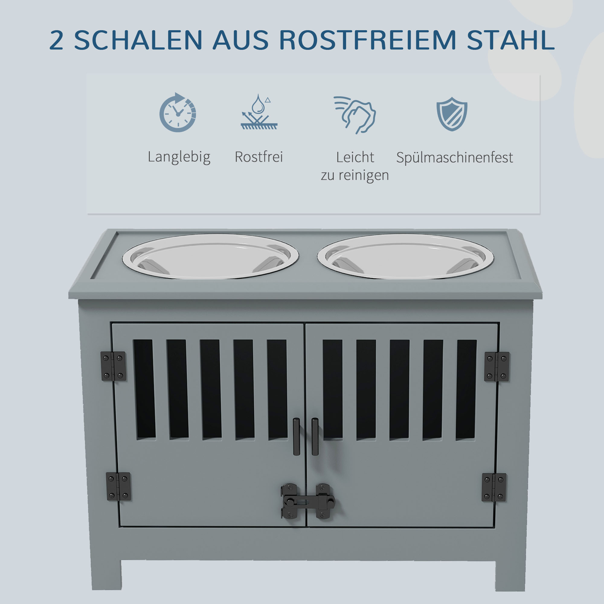 Erhöhte Futterstation für große Hunde, 2 Edelstahlnäpfe, Stauraum, 35,5x60x30 cm, Grau