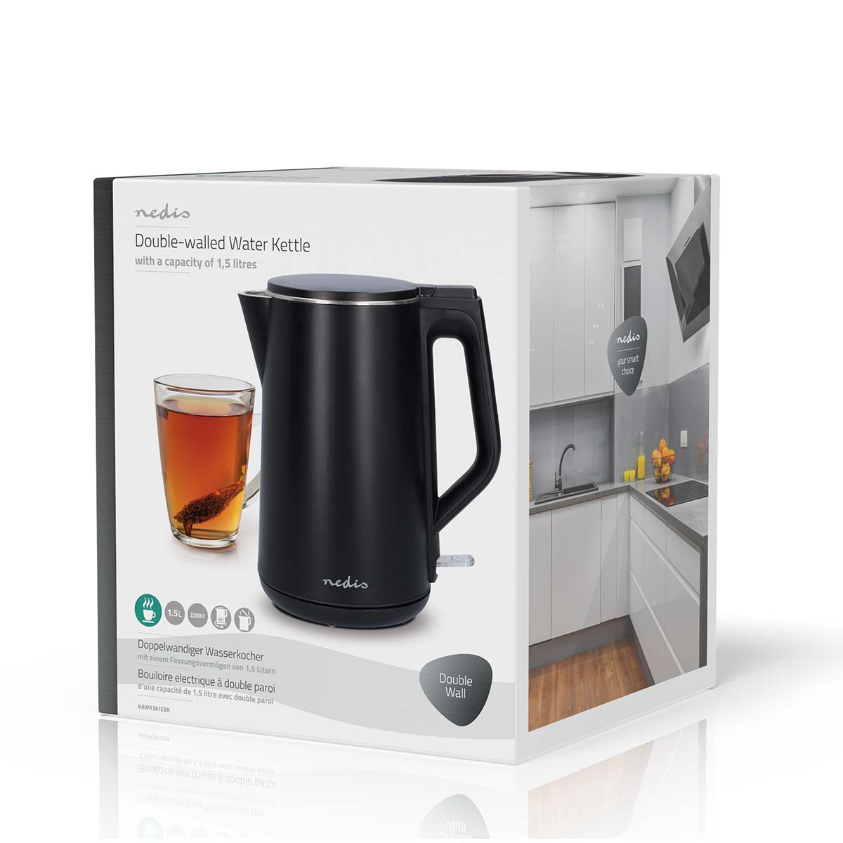 Wasserkocher | 1.5 l | Plastik | schwarz | Um 360 Grad drehbar | Verdecktes Heizelement | Strix Controller | Boil-dry protection