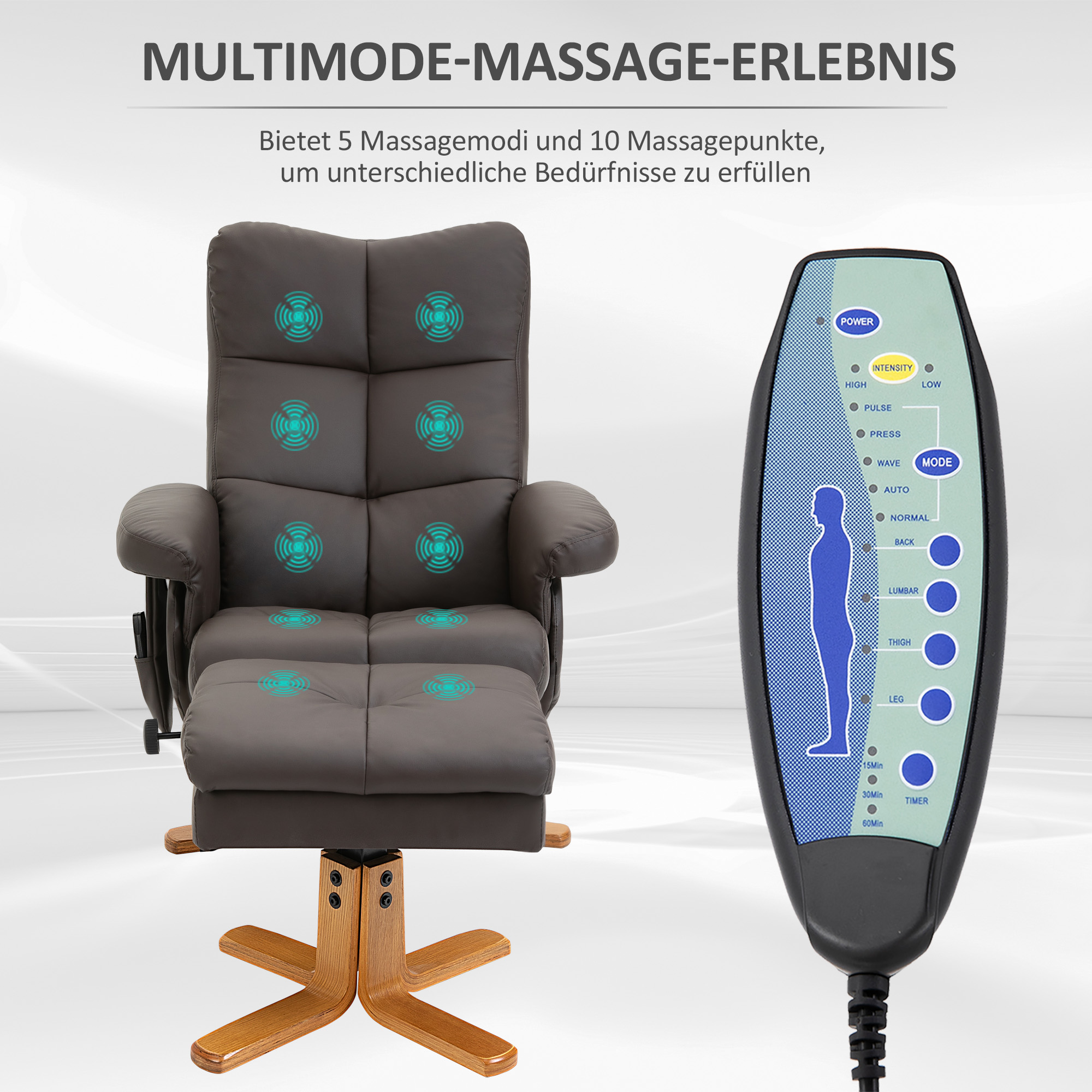 Relaxsessel mit Liegefunktion Massagesessel mit Fußhocker Fernsehsessel TV Sessel 145°-Neigung Liegesessel Ergonomischer Stuhl mit 10 Vibrationpunkte Kunstleder Braun 80 x 86 x 99 cm