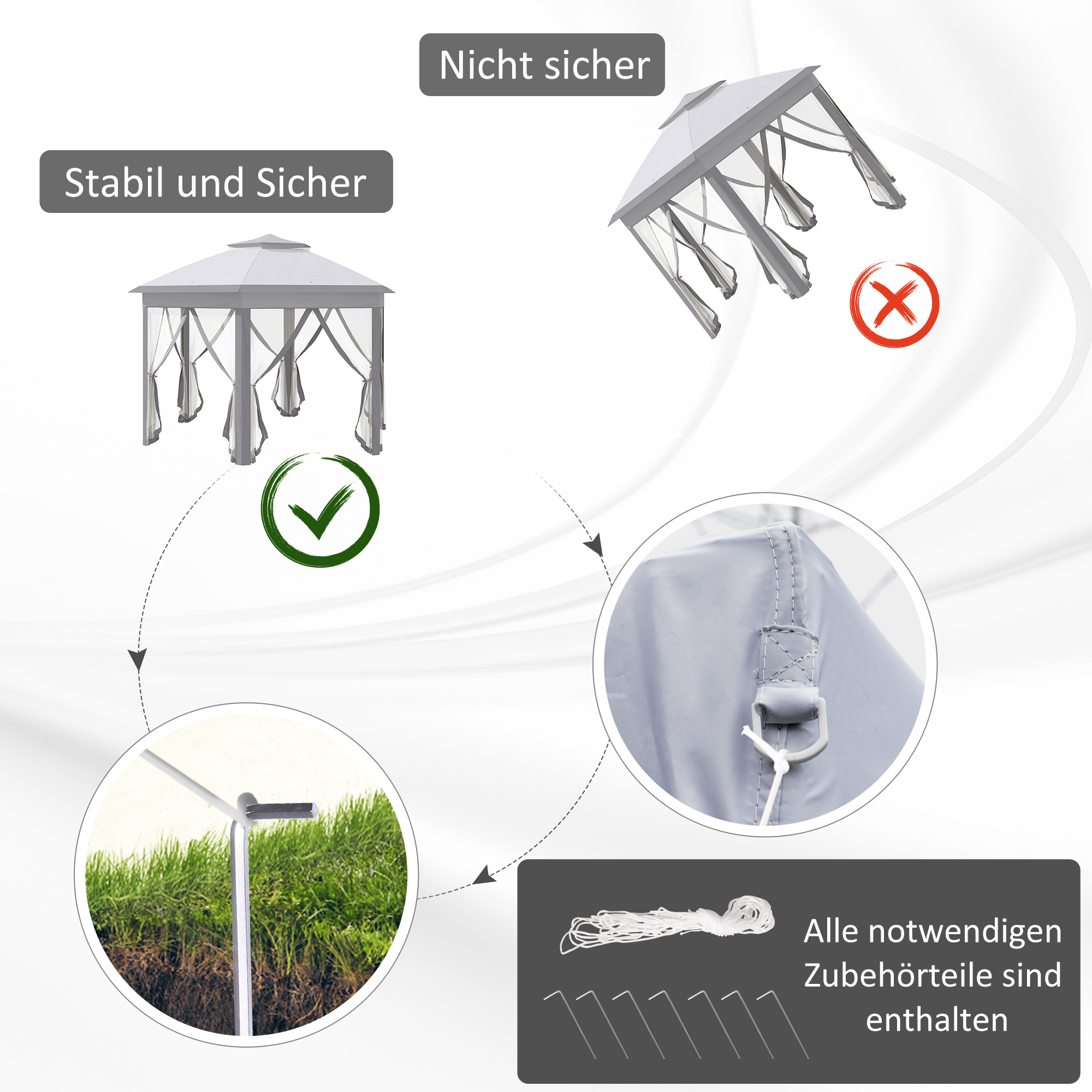 Faltpavillon 4 x 4m, Sechseck-Design, Netzvorhänge, wasserabweisend, Lüftungsdach, Grau+Weiß