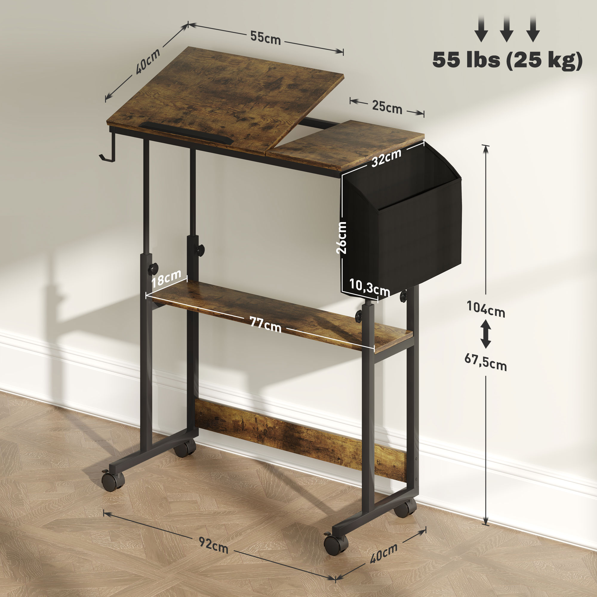 Höhenverstellbares Stehpult mit neigbarer Tischplatte, Rädern, Aufbewahrungsregal, zum Schreiben, Lesen, Zeichnen, Braun