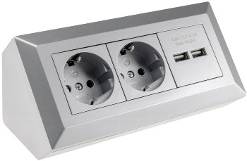 2-fach Steckdosenblock + 2x USB, silber, 250V~/ 16A, Aufbaumontage, USB 3,1A