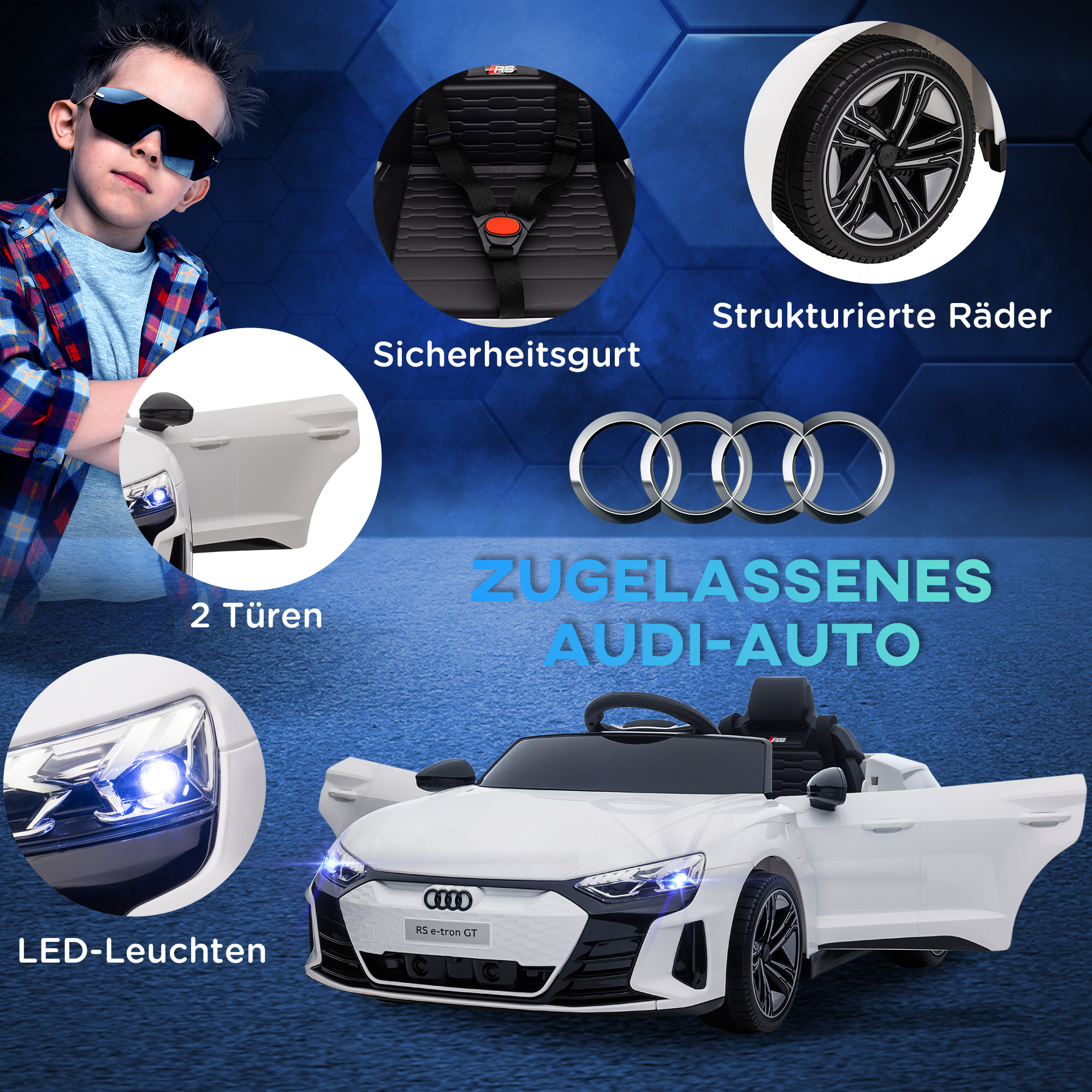 Kinder-Elektroauto Audi RS e-tron GT mit Sicherheitsgurt, Fernbedienung, Scheinwerfern, Musikfunktion, weiß, 103 x 58 x 41cm