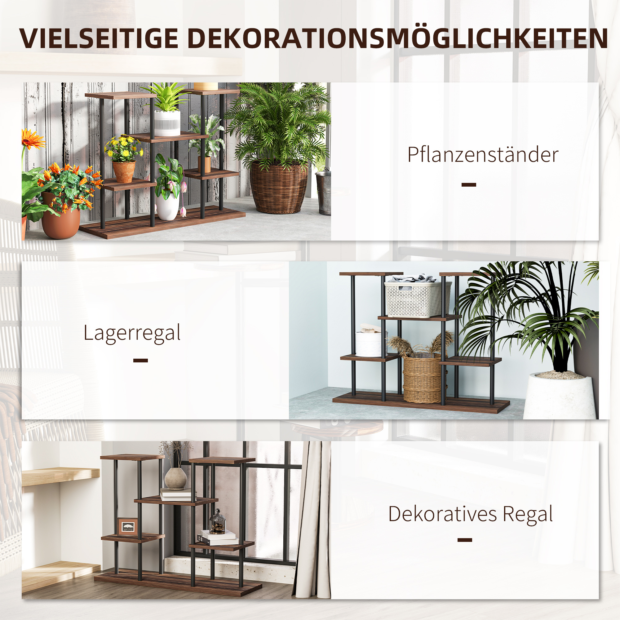 Blumenständer mit 4 Ebenen, 4-stufiger Pflanzenständer, Blumentopfhalter für drinnen und draußen, Holz, Stahl