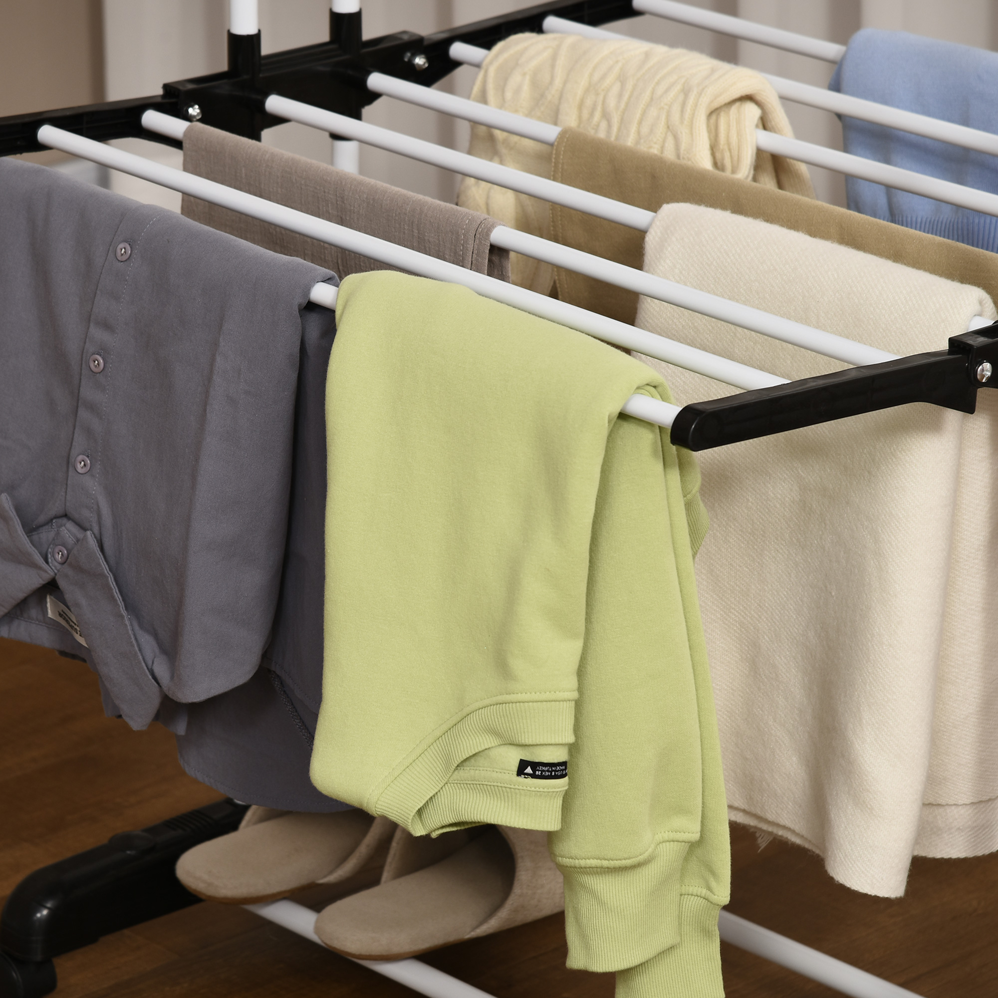 Wäscheständer, 4 Ebenen, klappbar, 4 Rollen mit 2 Bremsen, Metallrahmen, Schwarz, 73 x 64 x 177cm