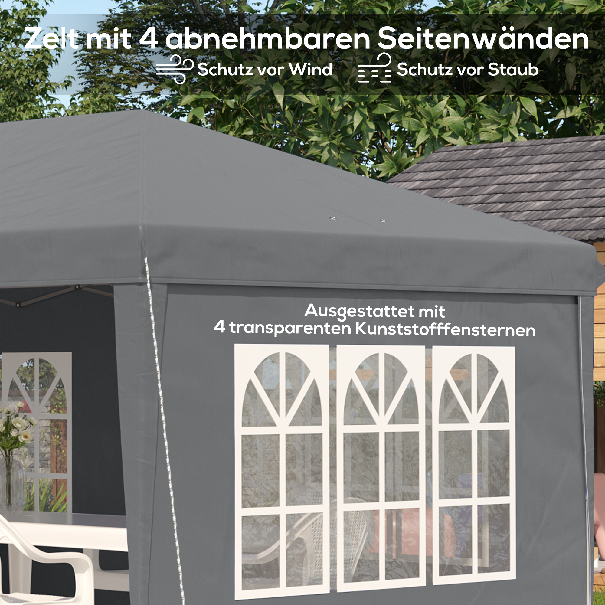 Pavillon ca. 3x6m Wasserdicht Pop-up Faltpavillon mit 4 Seitenwänden, Fenster UV-Schutz Tragetasche Grau