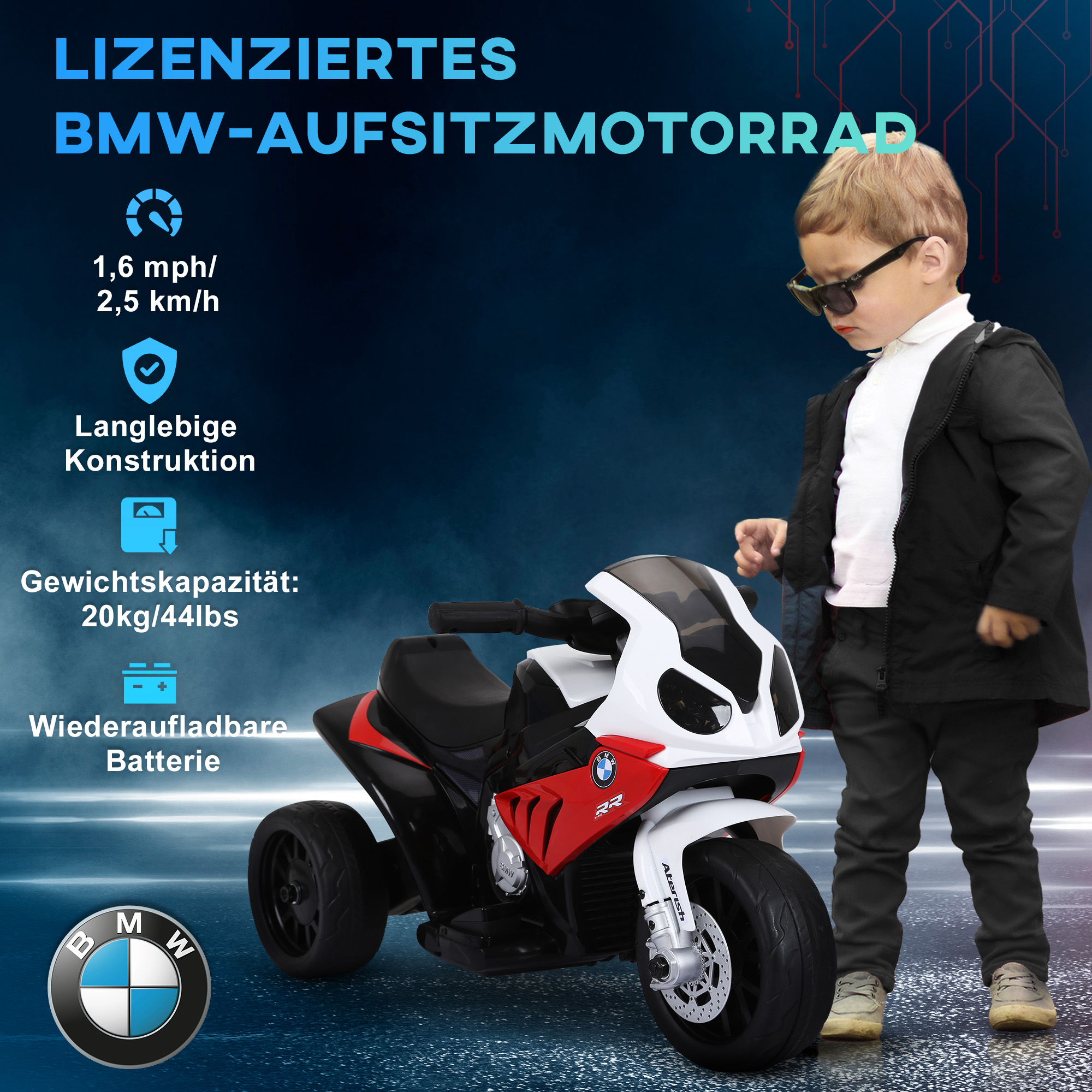 Elektro Kindermotorrad BMW S1000RR Elektromotorrad mit Musik, Scheinwerfer, Kinder Elektro Motorrad für Kinder von 18-36 Monaten Rot