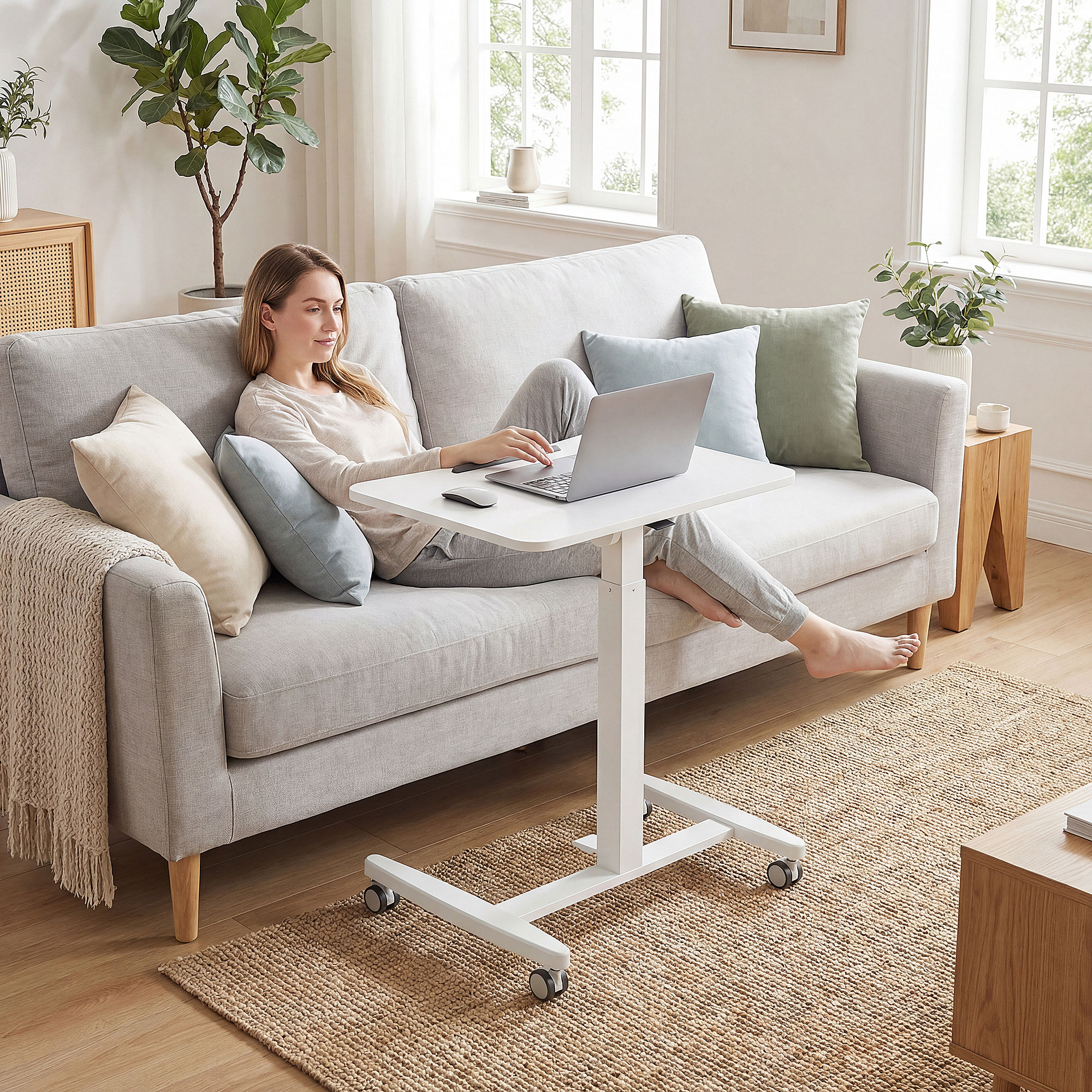 Höhenverstellbarer Stehschreibtisch, Rollbarer Schreibtisch mit neigbarer Tischplatte, Sicherheitsstopper, Rollen, Weiß