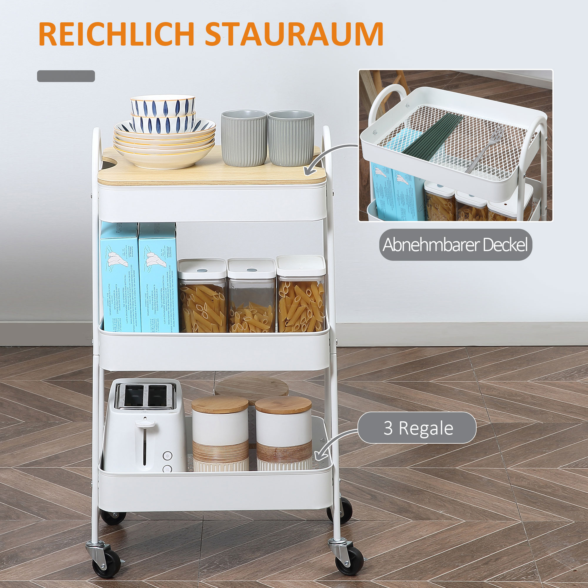 Servierwagen mit 3 Ebenen Küchenwagen mit Rollen Griff Küchenregal mit Korb und Deckel Rollwagen Allzweckwagen für Küche Büro Badezimmer, Weiß