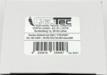 Stecker-Netzteil mit USB-C "CTN-PD65", In 100-240V~, Out 5,0V/9,0V/12,0V=, 65W